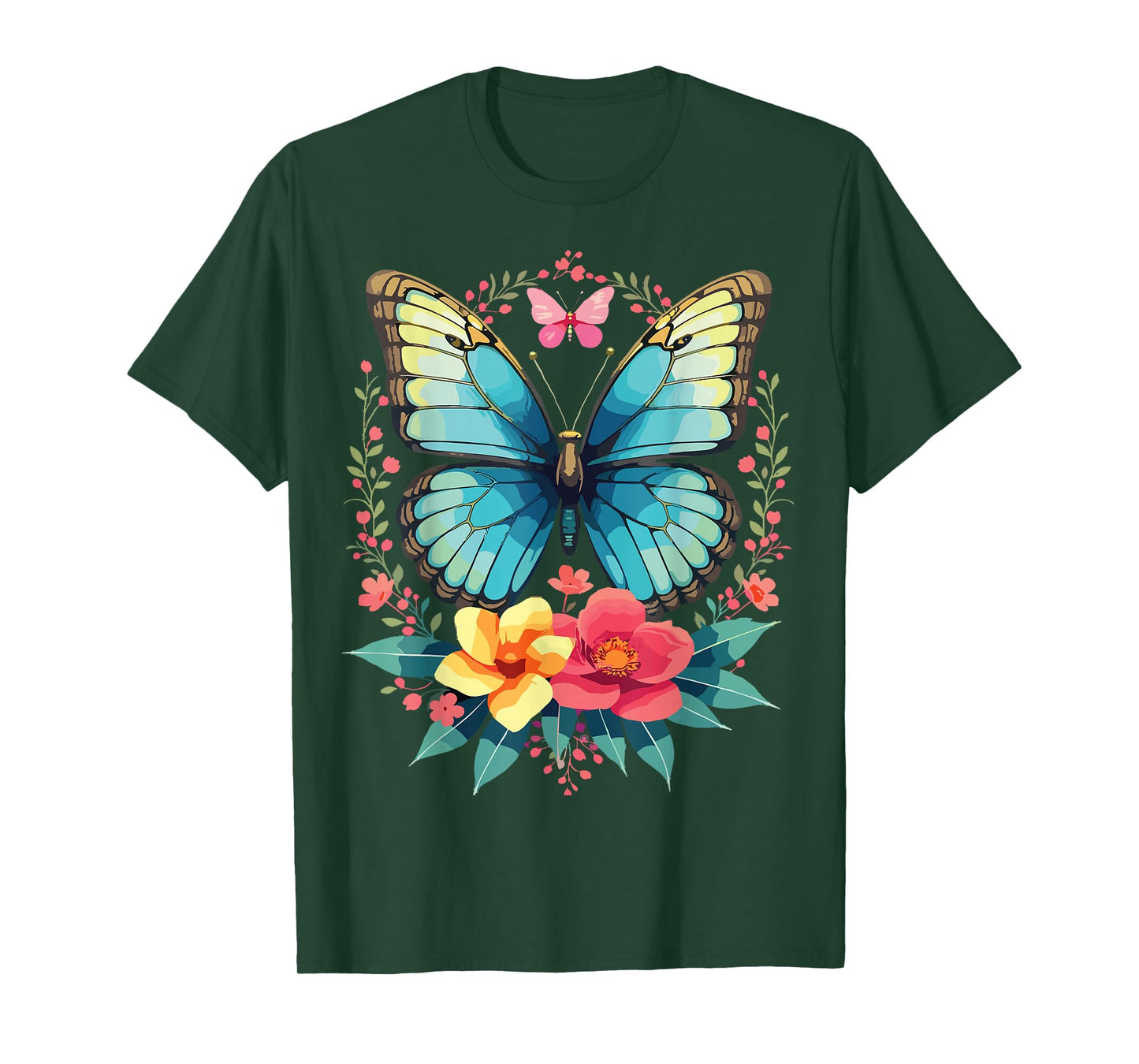 Beautiful Blue Butterfly with Flowers Aesthetic Nature T-Shirt