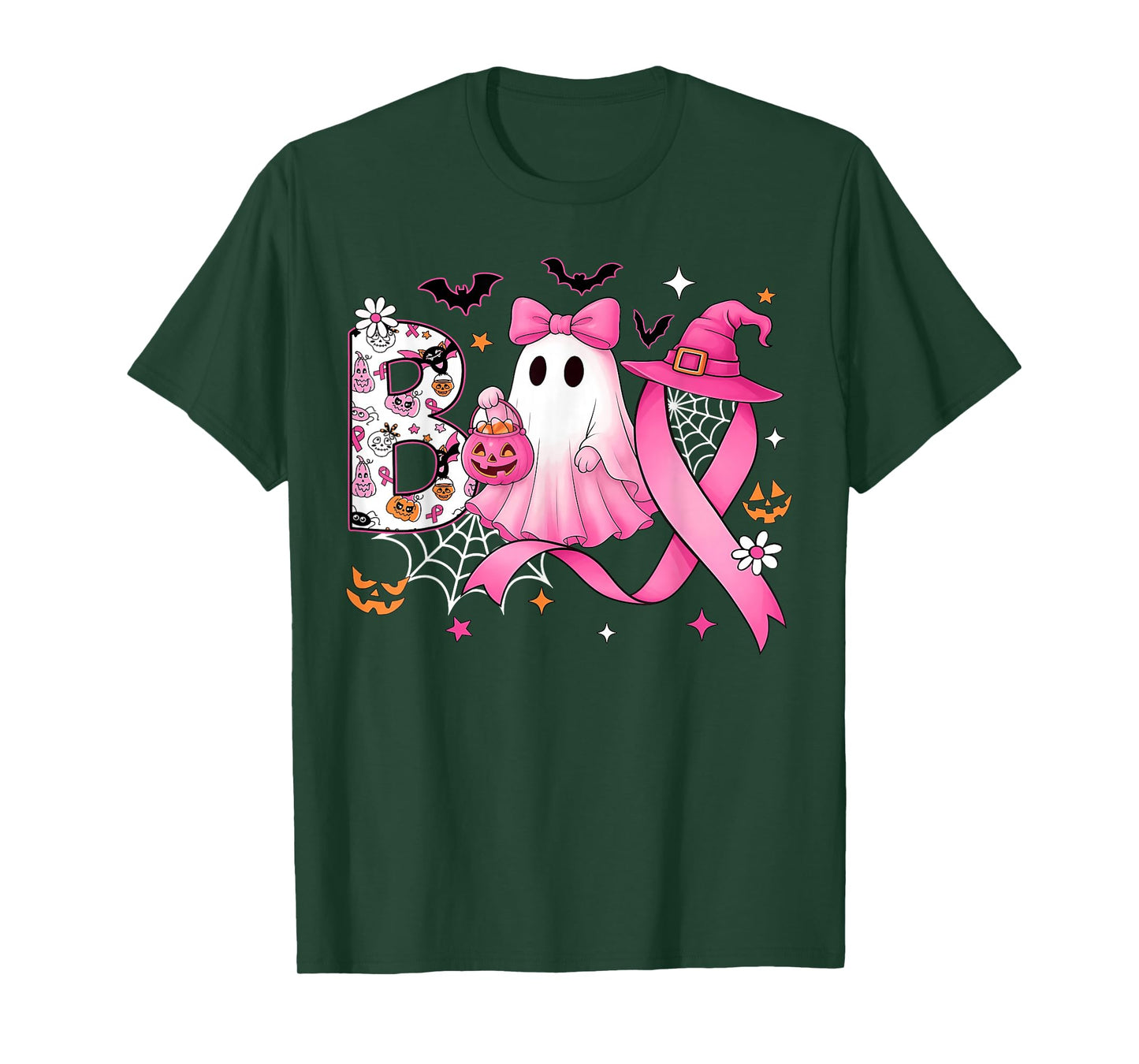 Boo Halloween Pumpkin Pink Ribbon Witch Breast Cancer T-Shirt