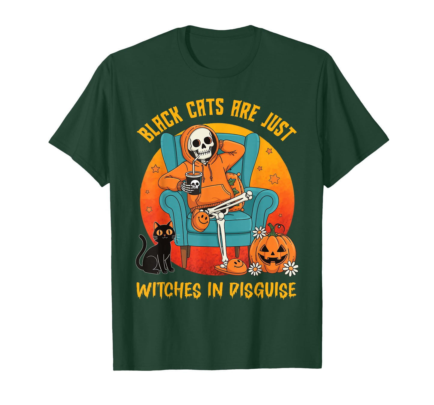 Spooky Skeleton with Pumpkin Cute Black Cat Lovers Halloween T-Shirt