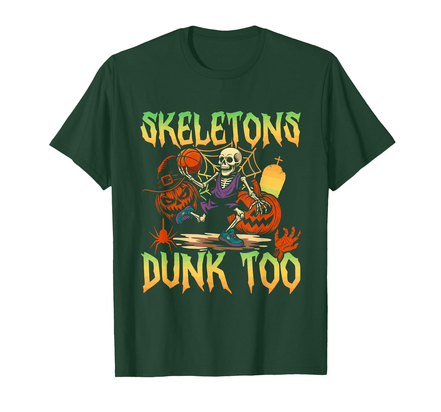Skeletons Dunk Too Pumpkin Basketball Halloween Skeleton T-Shirt