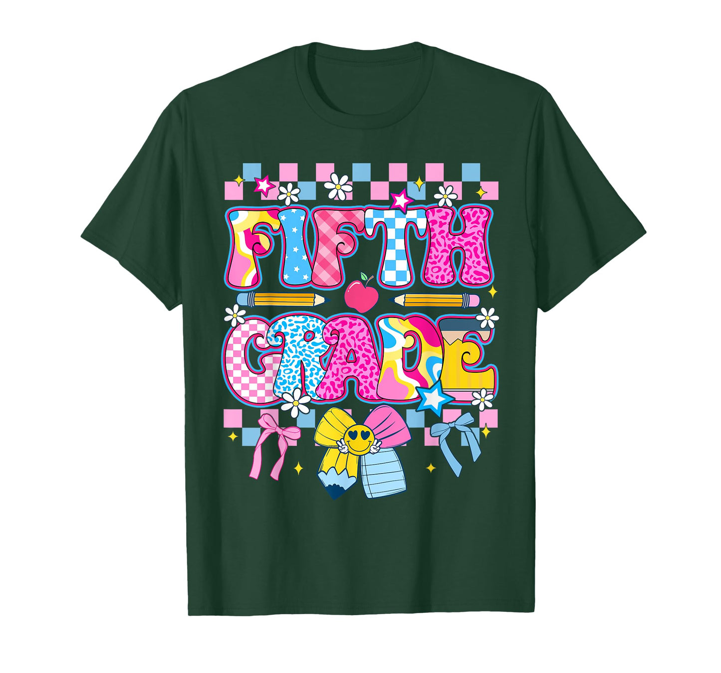 First Day Of Fifth Grade Back To School Checkered Bow Girls T-Shirt