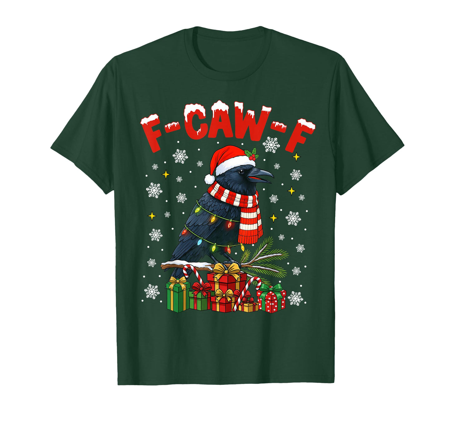 Black Crow F-Caw-F Funny Retro Christmas Lights Santa Hat T-Shirt