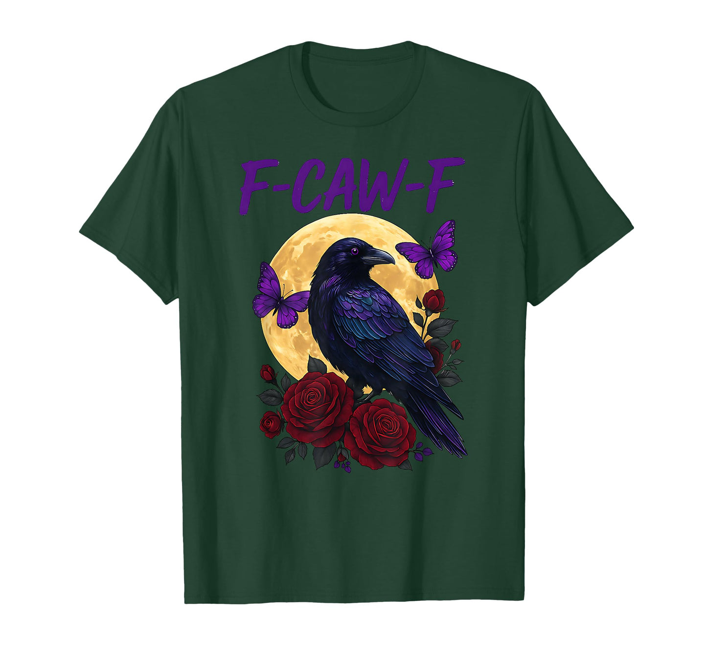 F-Caw-F Black Crow Full Moon Gothic Roses Butterflies Art T-Shirt
