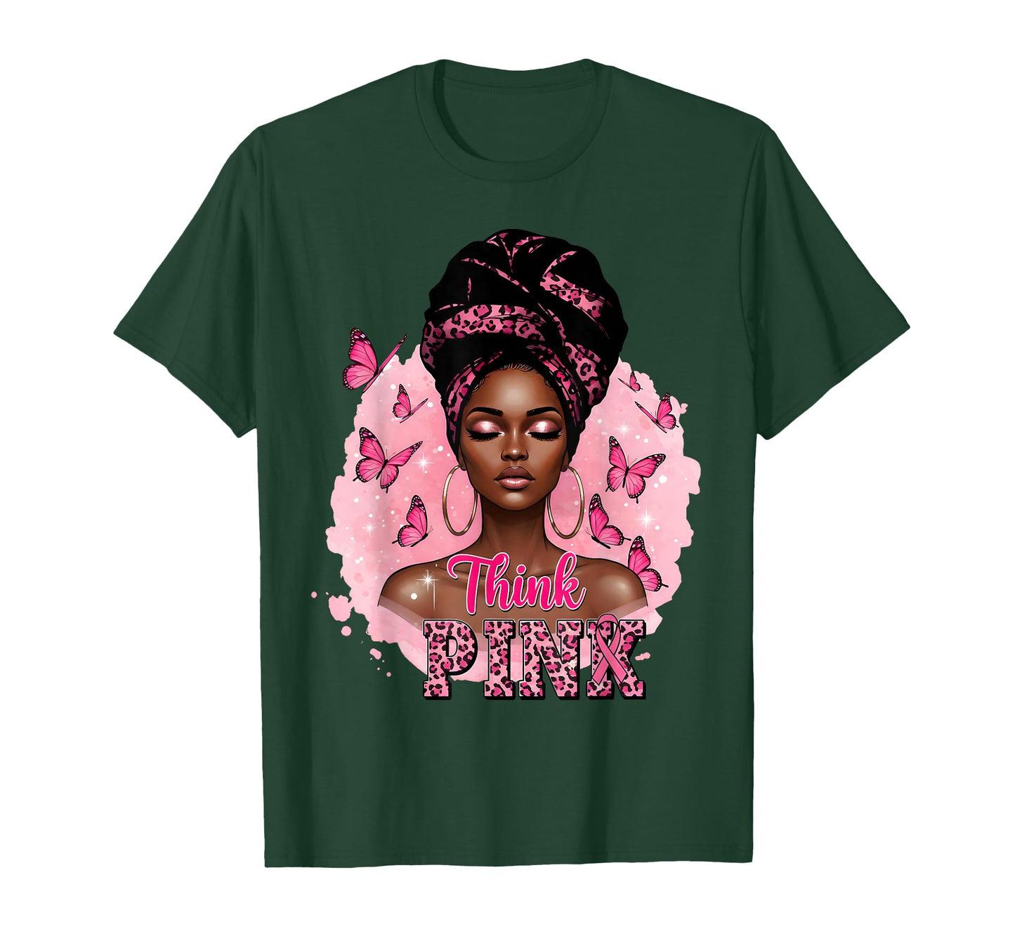 Think Pink Black Woman Butterfly Breast Cancer Awareness T-Shirt