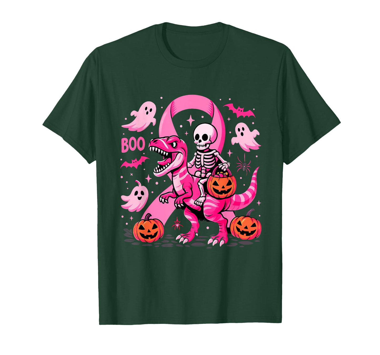 Skeleton Riding T Rex Dinosaur Boo Ghost Pink Breast Cancer T-Shirt