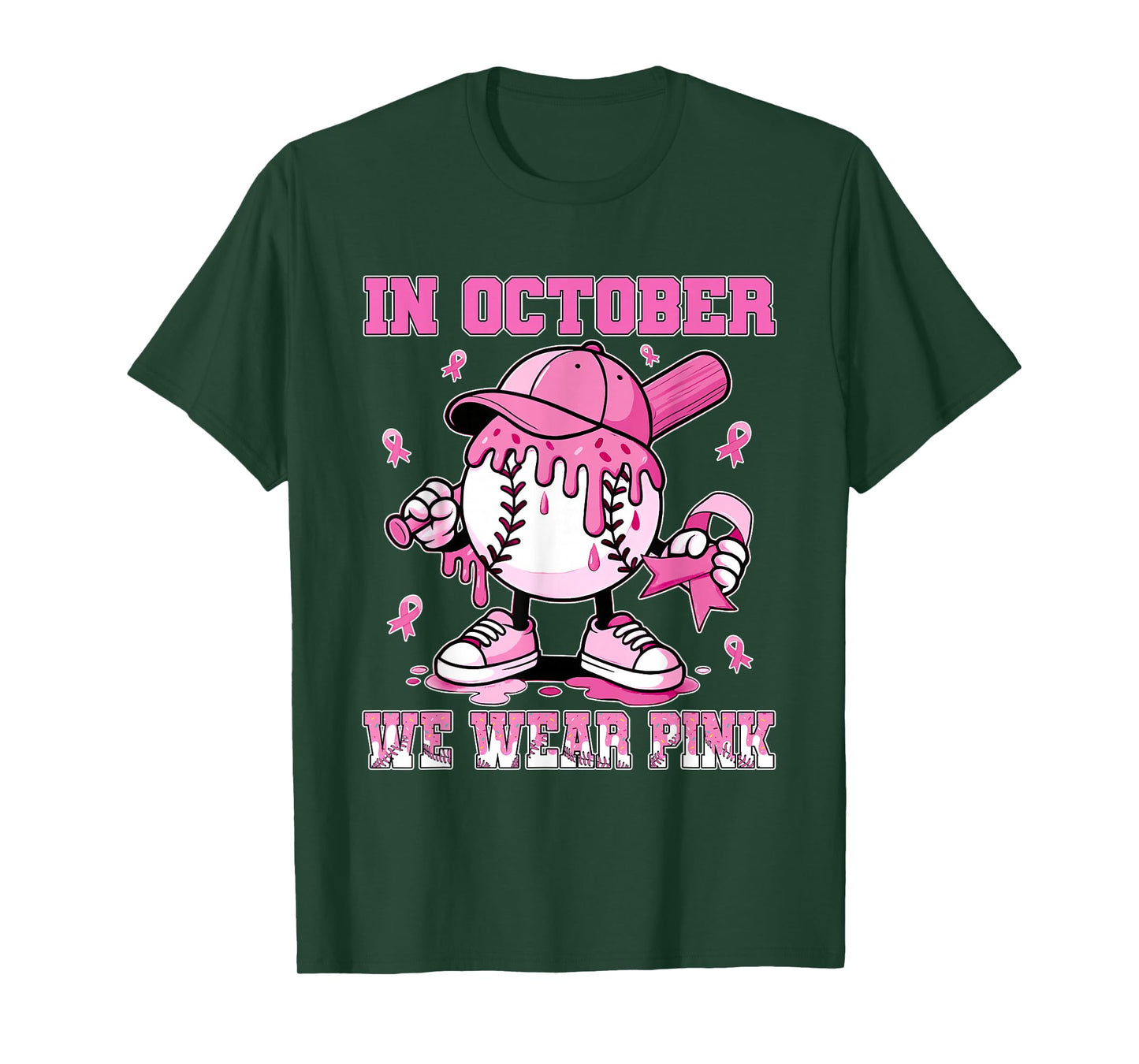 in October We Wear Pink Baseball Drip Breast Cancer T-Shirt