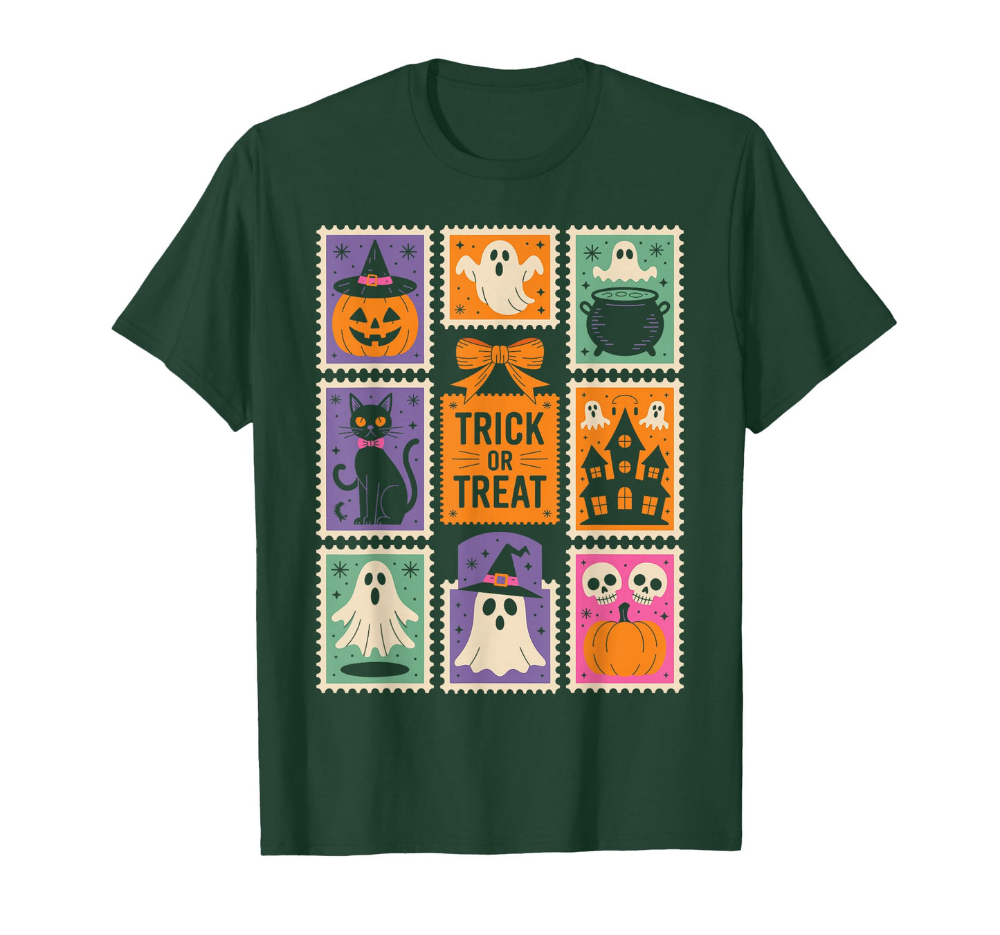 Halloween Stamps Spooky Pumpkin Ghost Cat Witch Skeleton T-Shirt