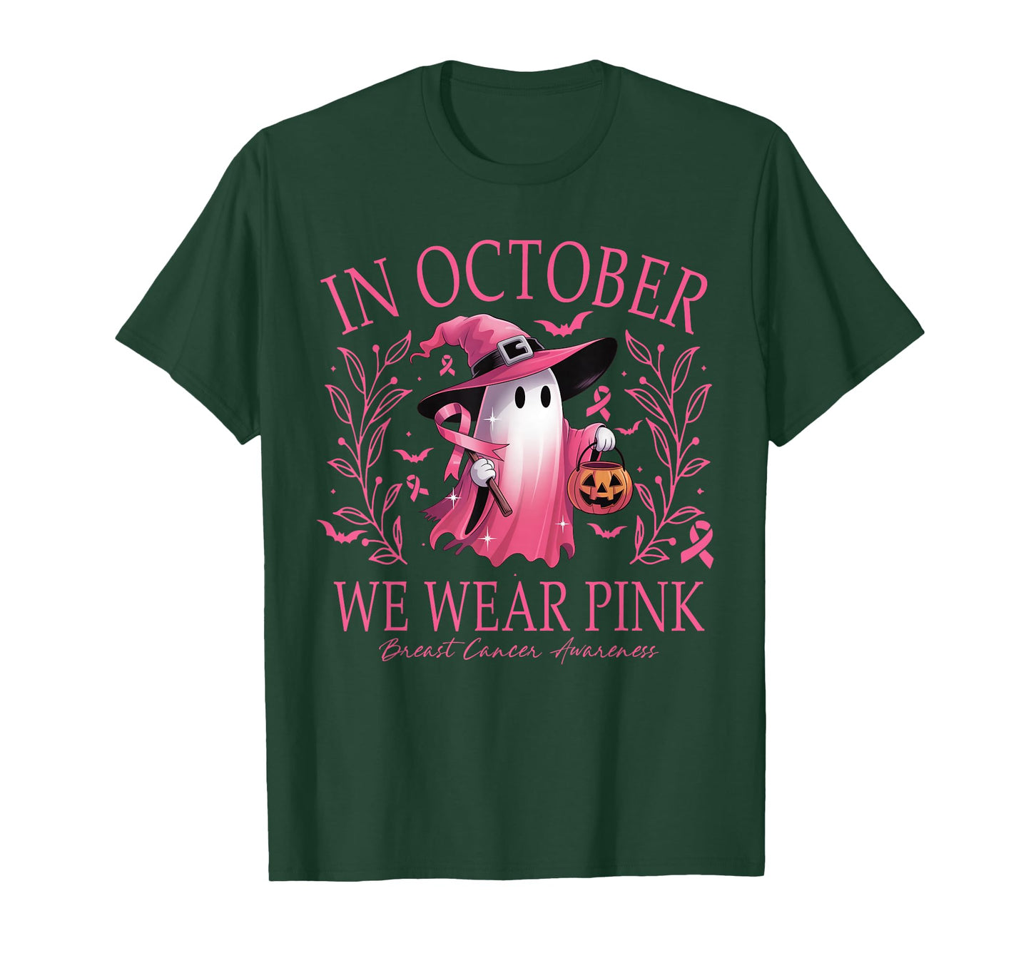 in October We Wear Pink Retro Halloween Pink Ghost T-Shirt