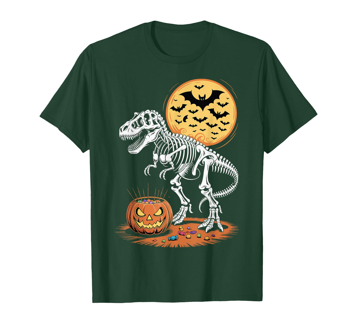 Halloween Dinosaur Skeleton T-Rex Pumpkin Moon Boys T-Shirt