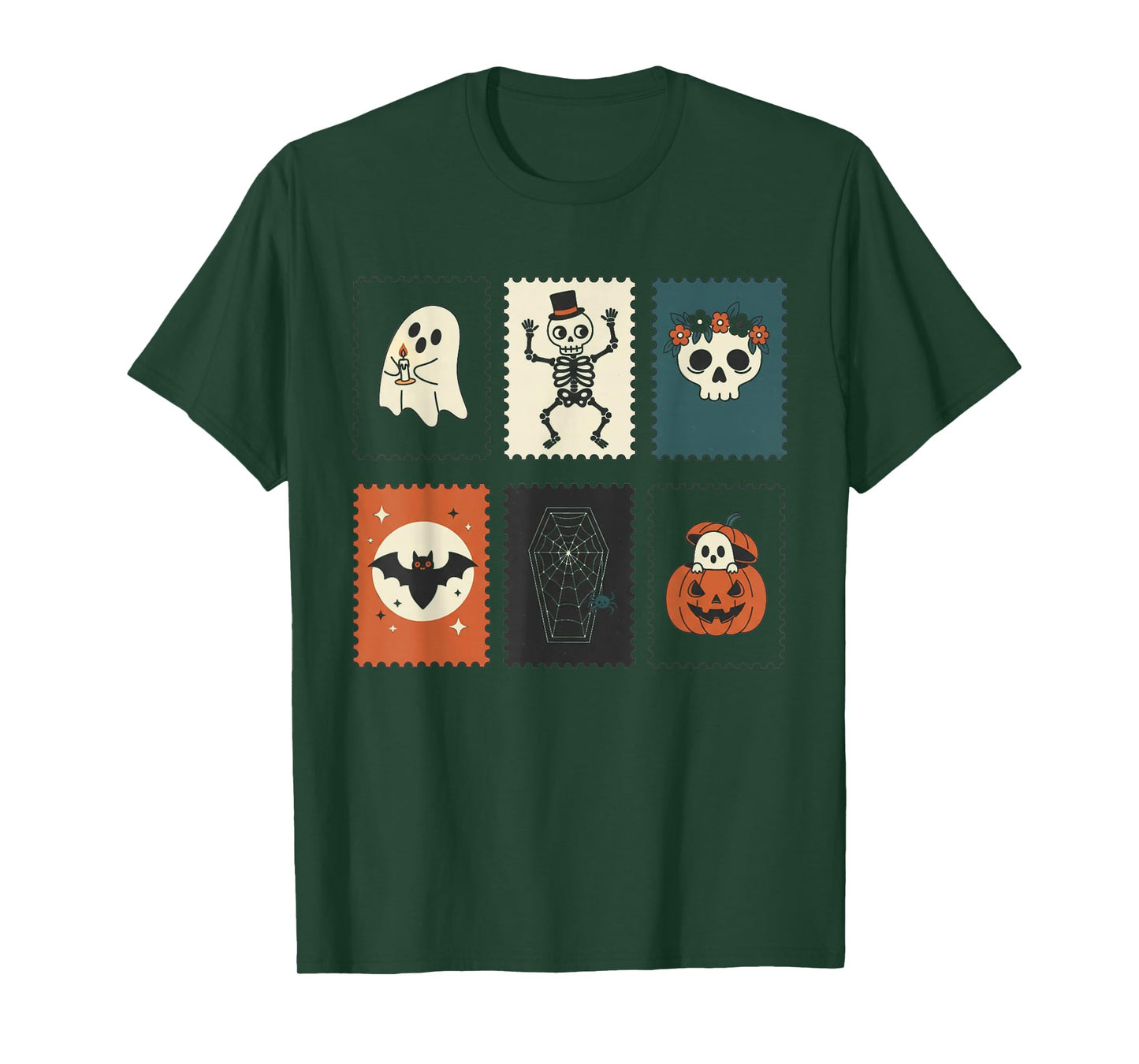Retro Halloween Stamps Black Cat Pumpkin Ghost Owl Skeleton T-Shirt