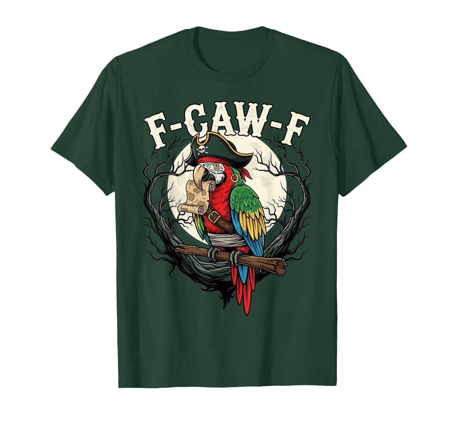 Pirate Parrot F Caw F Funny Skull Map Halloween Moon T-Shirt