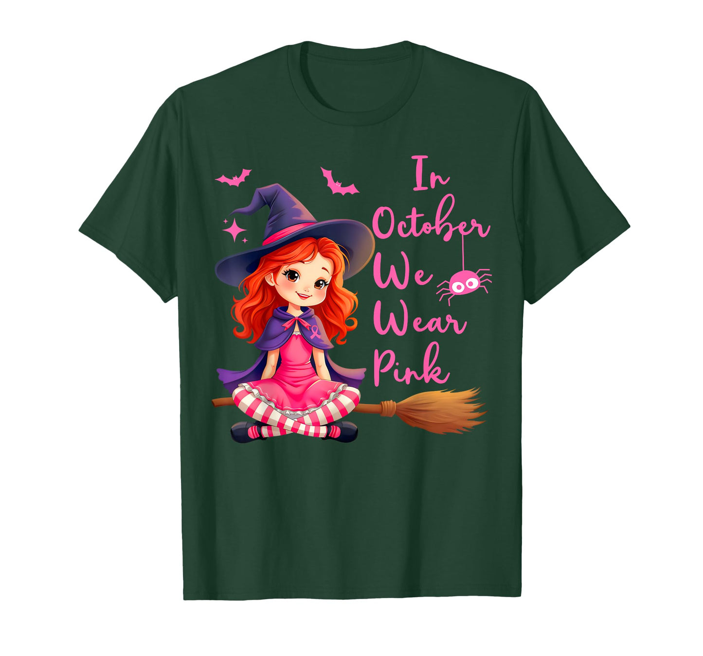 In October We Wear Pink Witch broom Breast Cancer Halloween T-Shirt