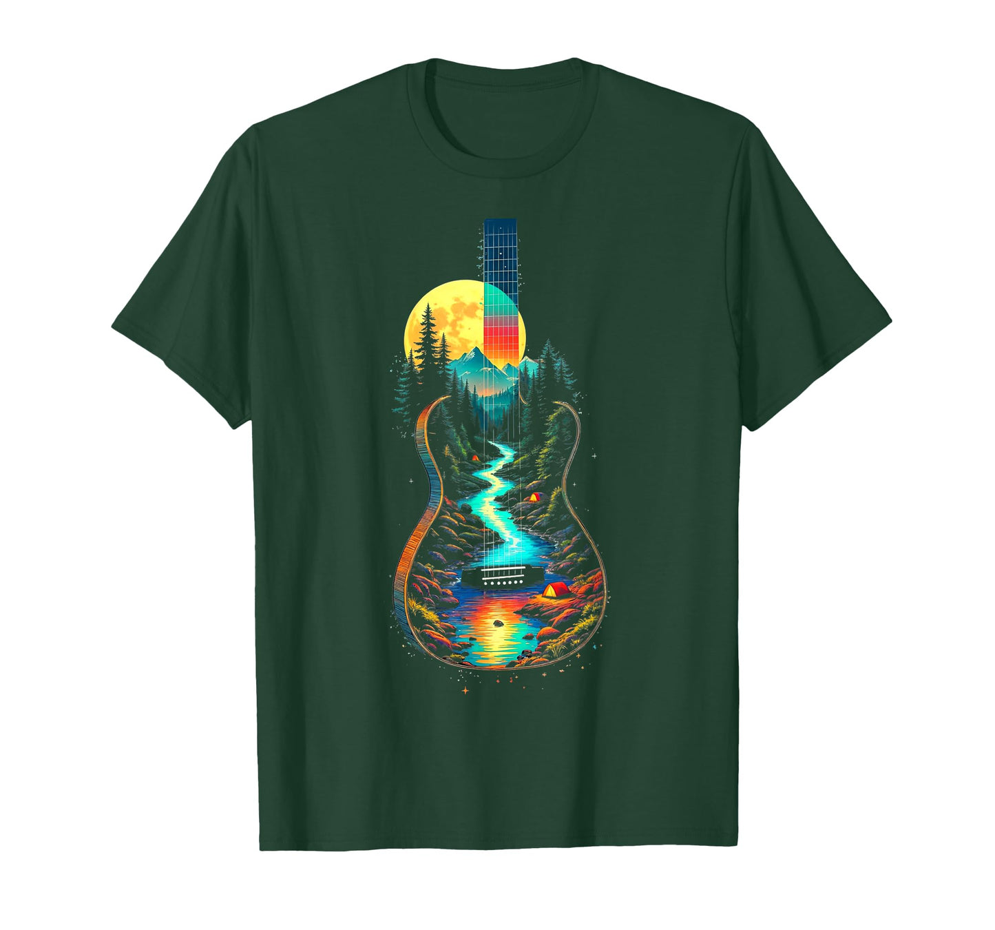 Guitar Lake Reflections Forest Pine Tree Moon Camp Guitarist T-Shirt