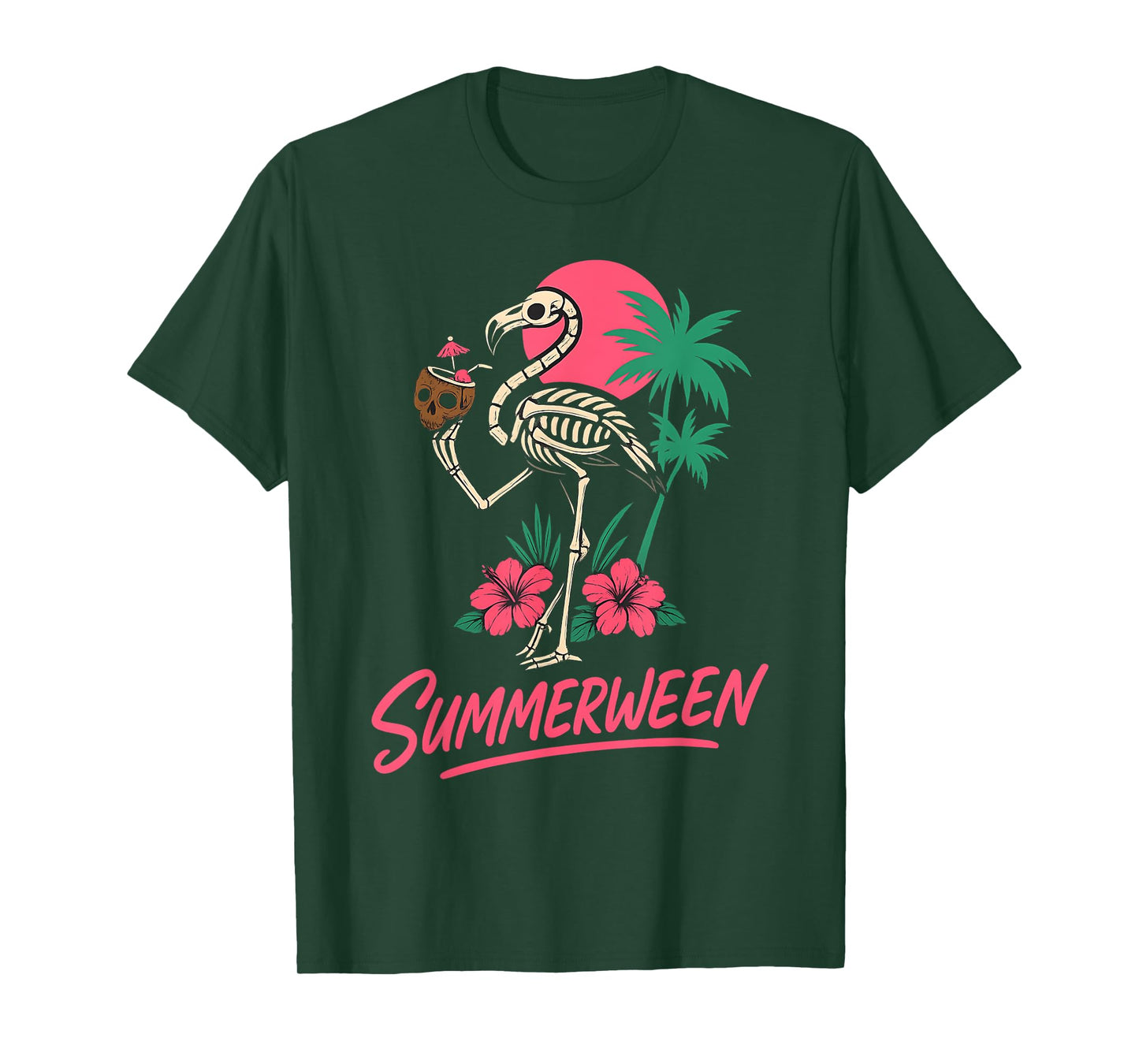 Funny Spooky Summerween Skeleton Flamingo with Coconut Drink T-Shirt