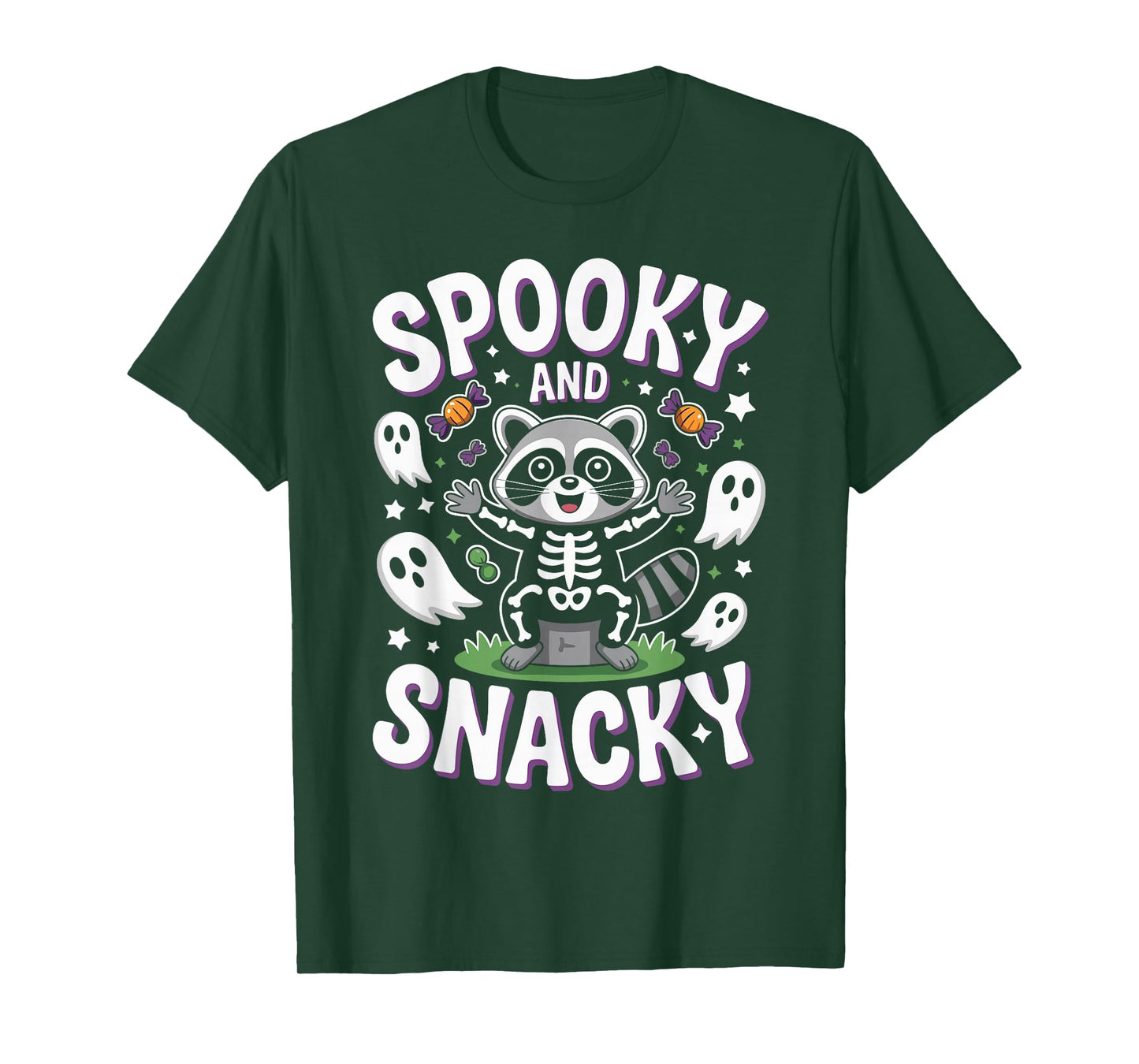 Spooky and Snacky Cute Skeleton Raccoon Ghosts and Candy T-Shirt