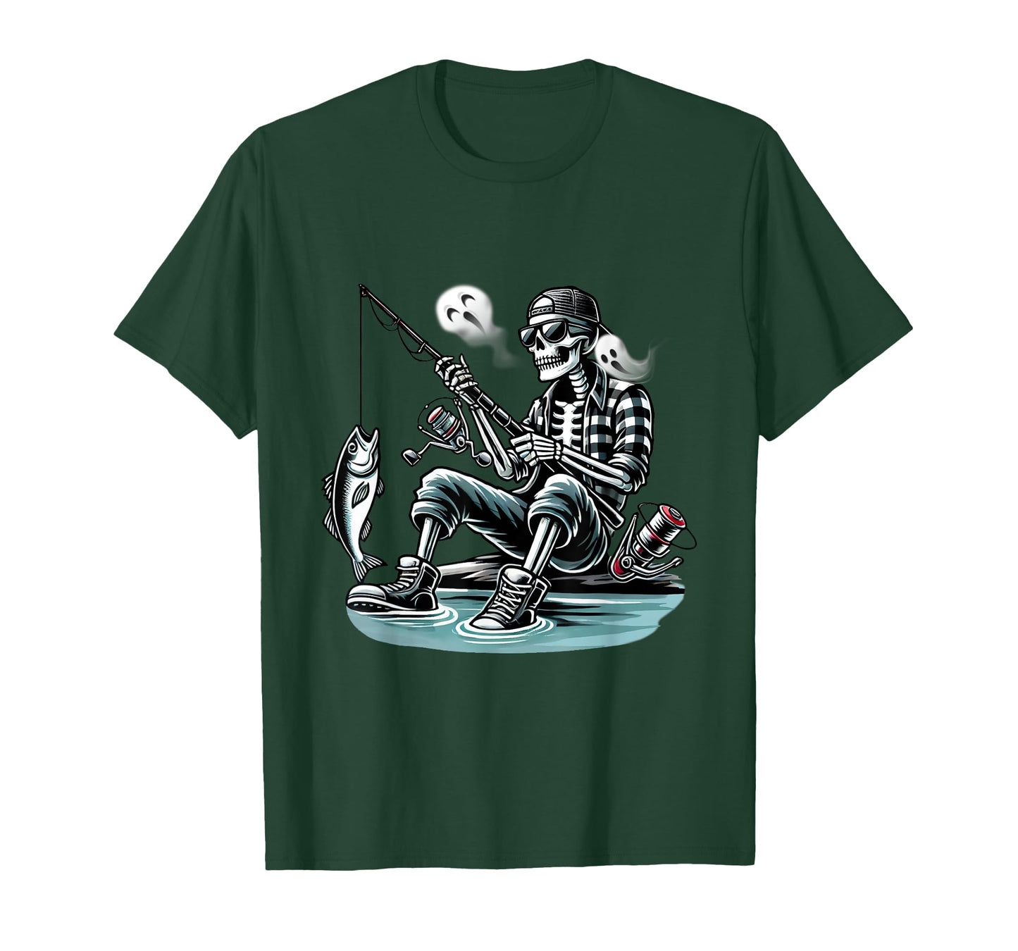 Cute Skeleton Fishing Halloween Ghost Fisherman Boys Men T-Shirt
