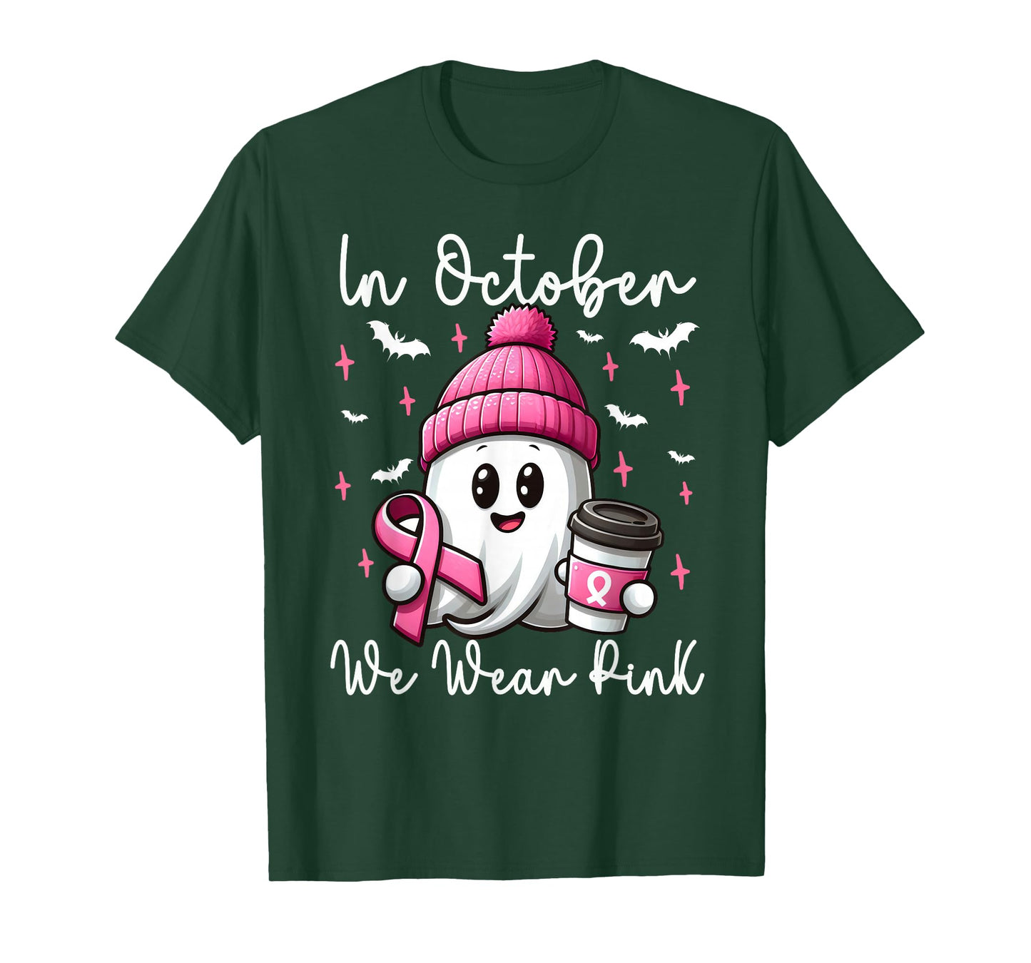 In October We Wear Pink Halloween Ghost Coffee Breast cancer T-Shirt