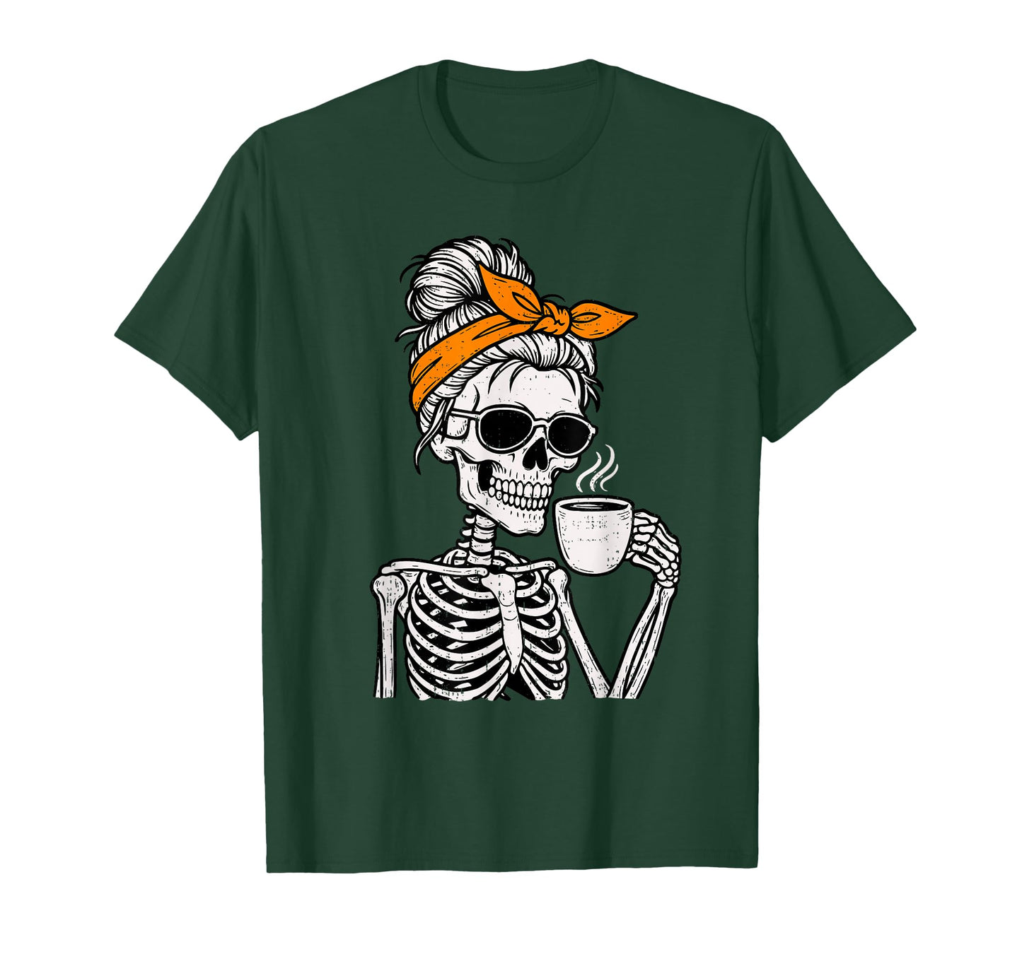 Skeleton Messy Bun Drinking Coffee Halloween Costume Womens T-Shirt
