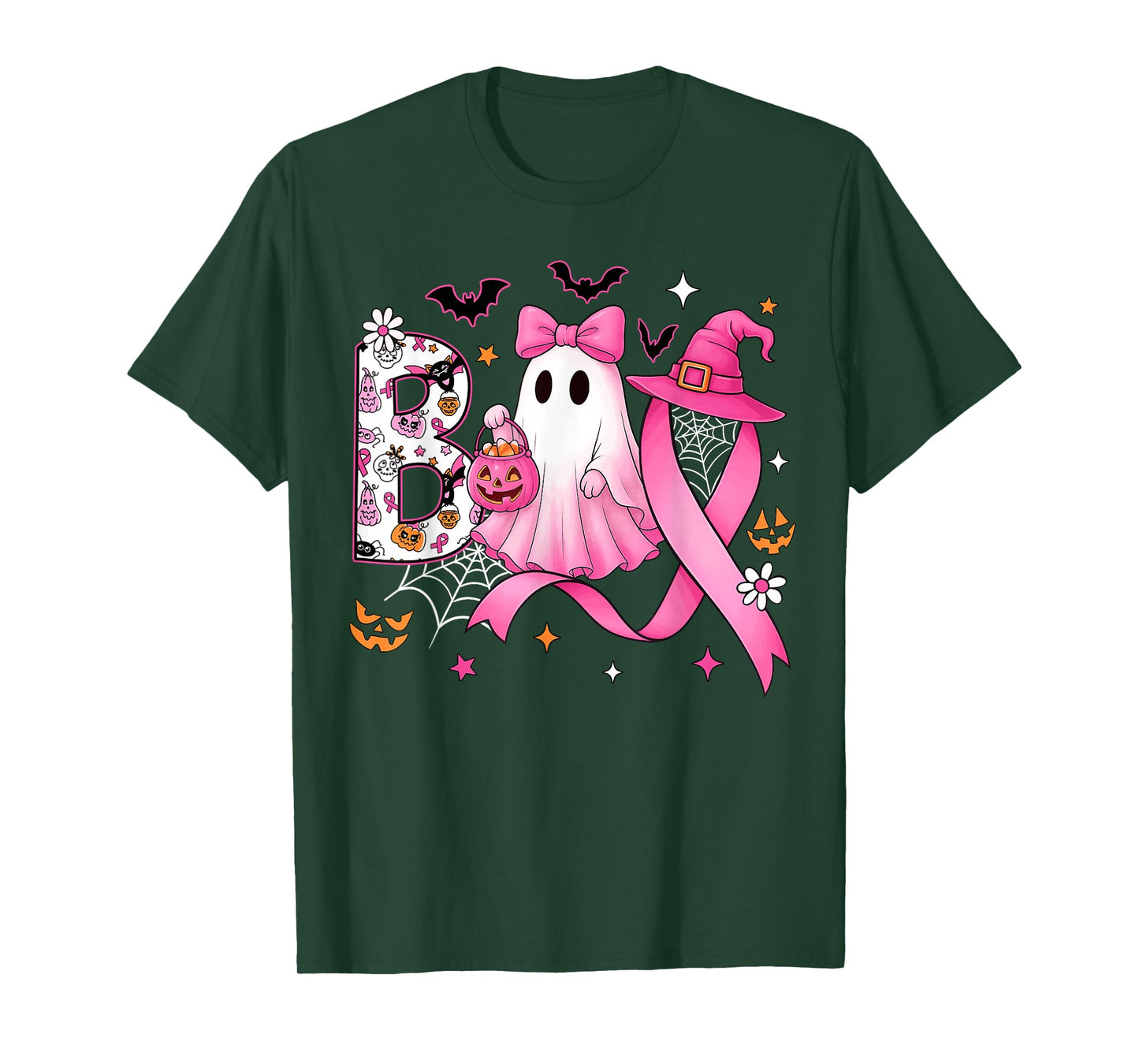 Boo Halloween Pumpkin Pink Ribbon Witch Breast Cancer Women T-Shirt