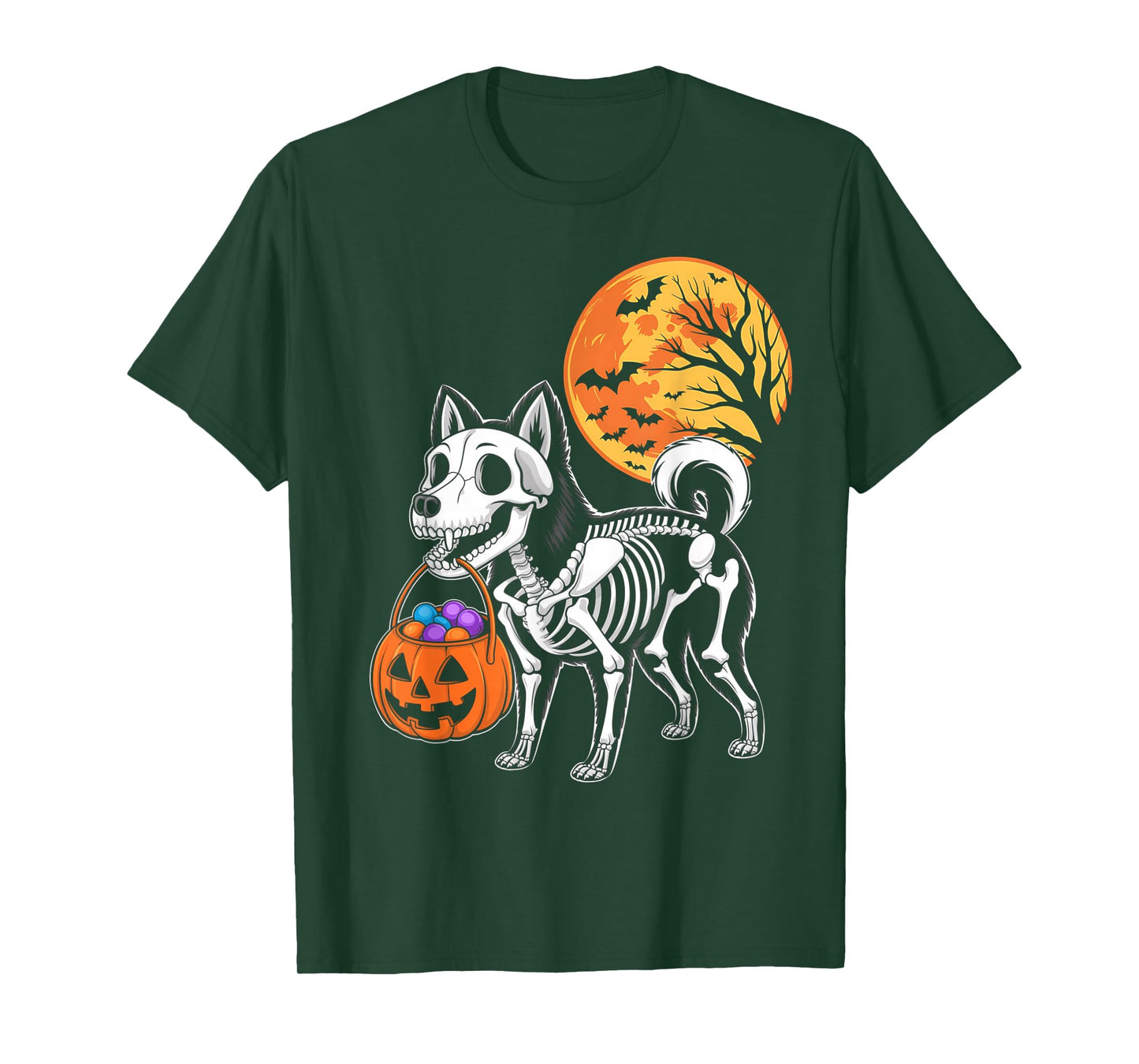 Akitas Dog Skeleton Scary Pumpkin Moon Halloween T-Shirt