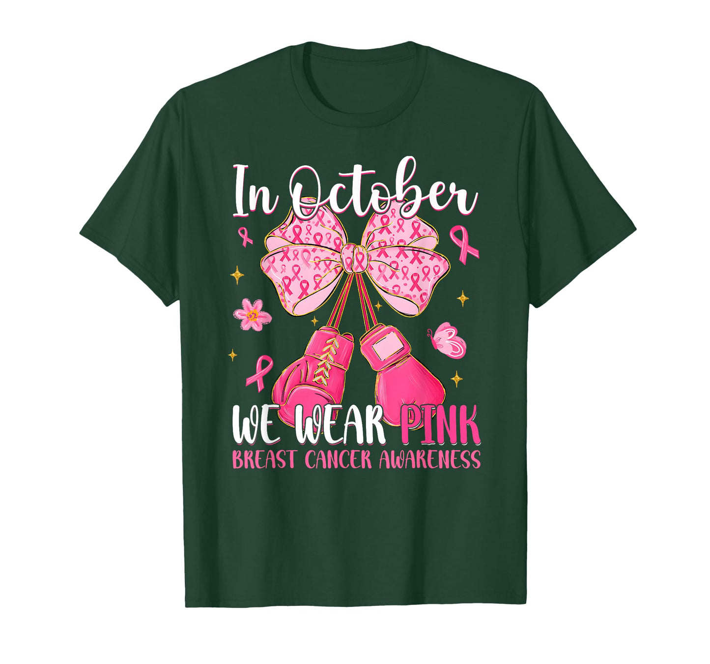 in October We Wear Pink Ribbon Coquette Bow Breast Cancer T-Shirt