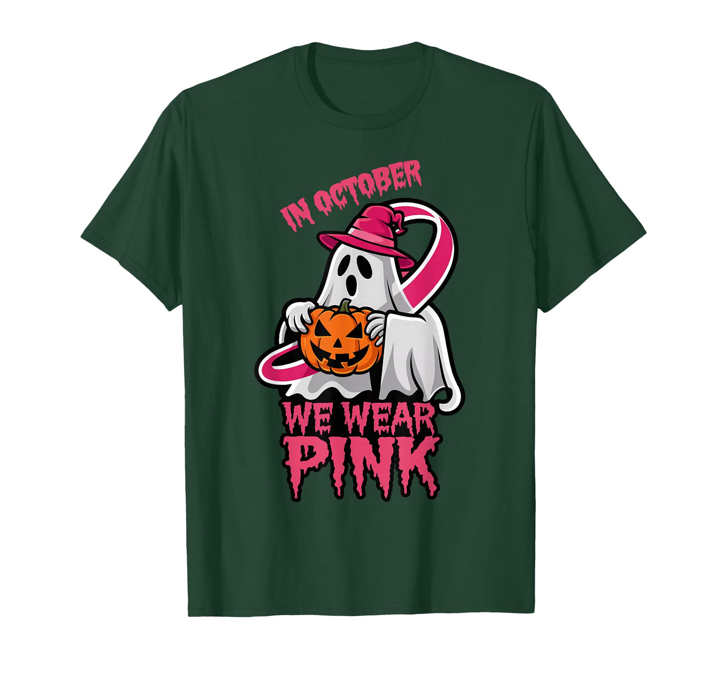 Ghost Witch in October We Wear Pink Breast Cancer Awareness T-Shirt