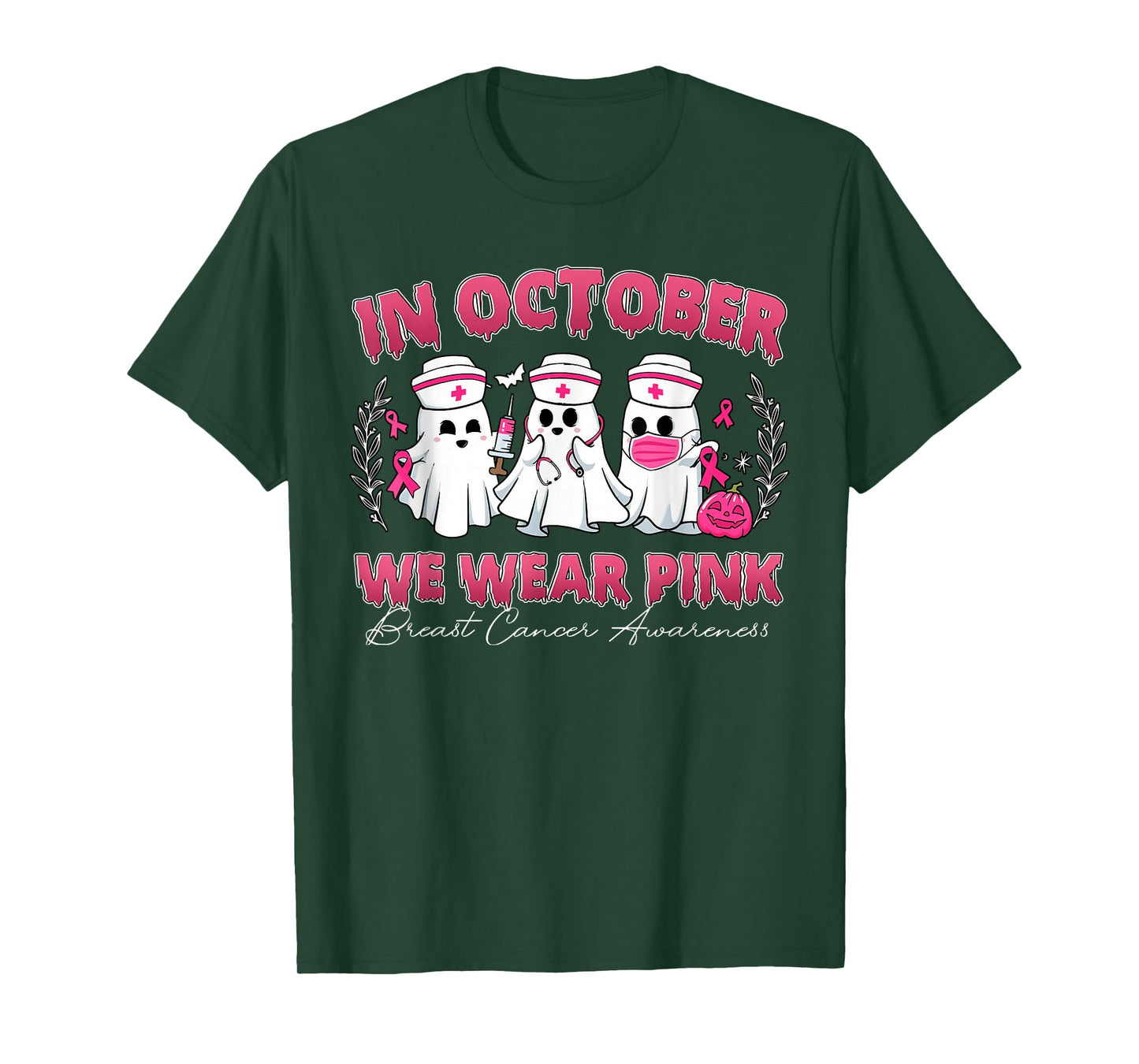 in October We Wear Pink Nurse Ghost Breast Cancer Awareness T-Shirt
