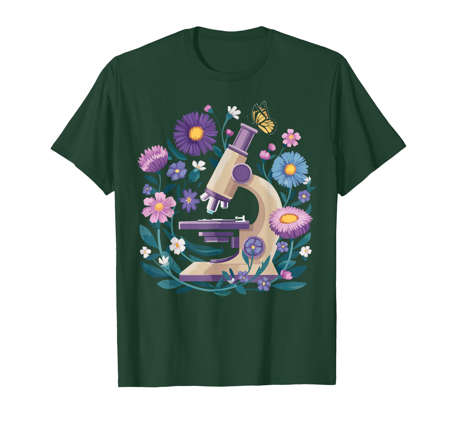 Microscope Flower Butterfly Biology Science Teacher Student T-Shirt
