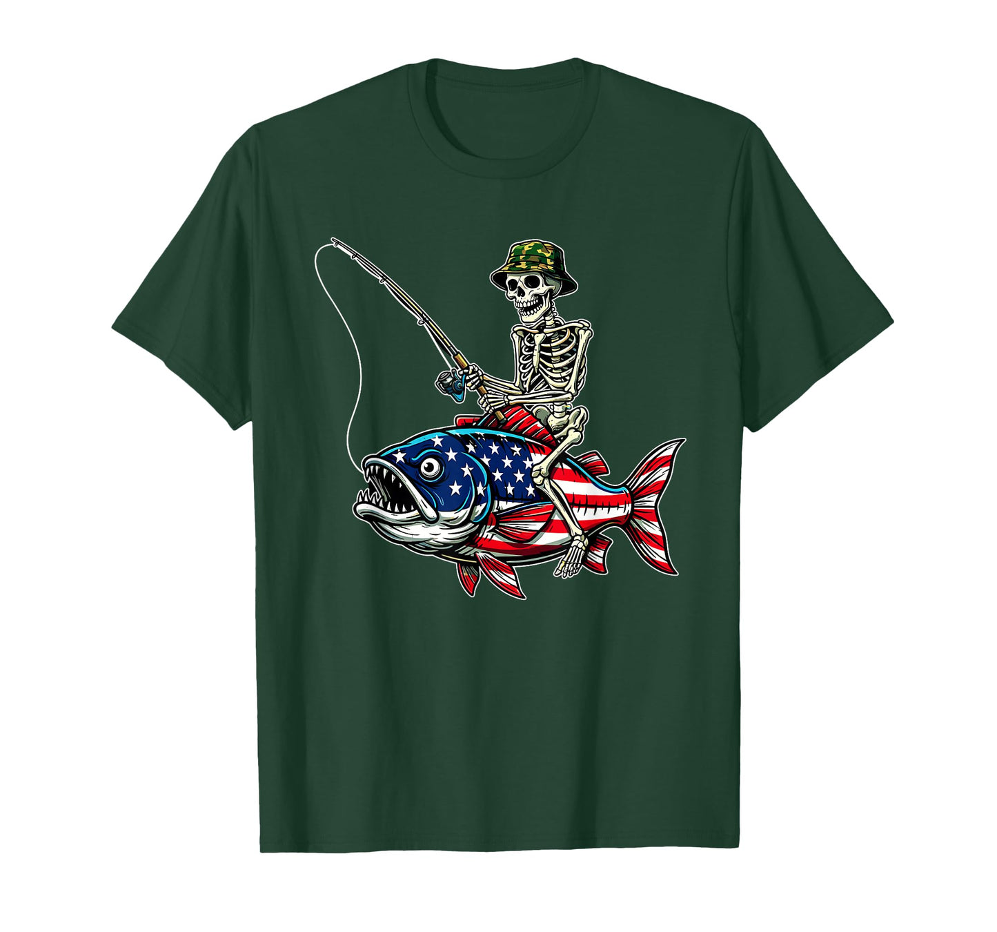 Fishing American Flag Skull Skeleton Patriotic Bass T-Shirt