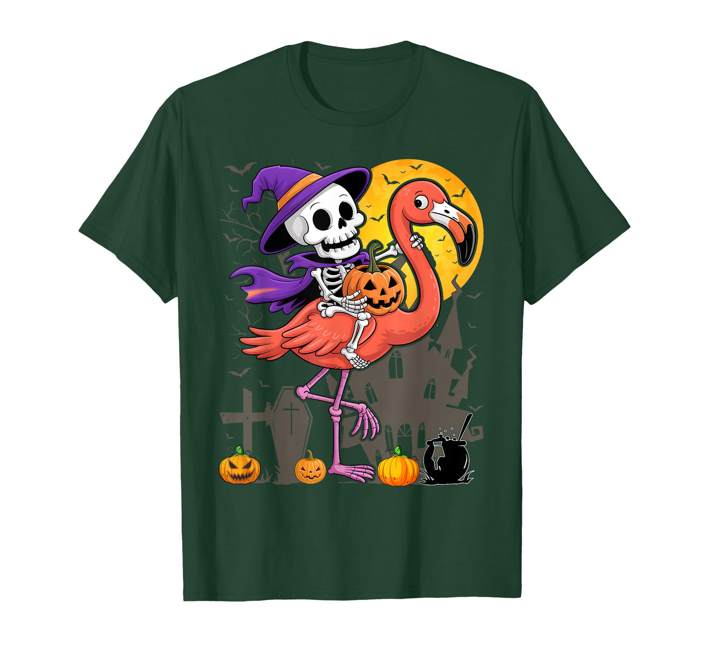 Skeleton Riding Flamingo Funny Halloween T-Shirt