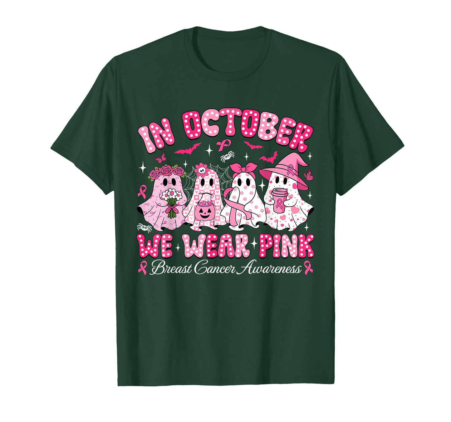 in October We Wear Pink Ghost Witch Breast Cancer Awareness T-Shirt