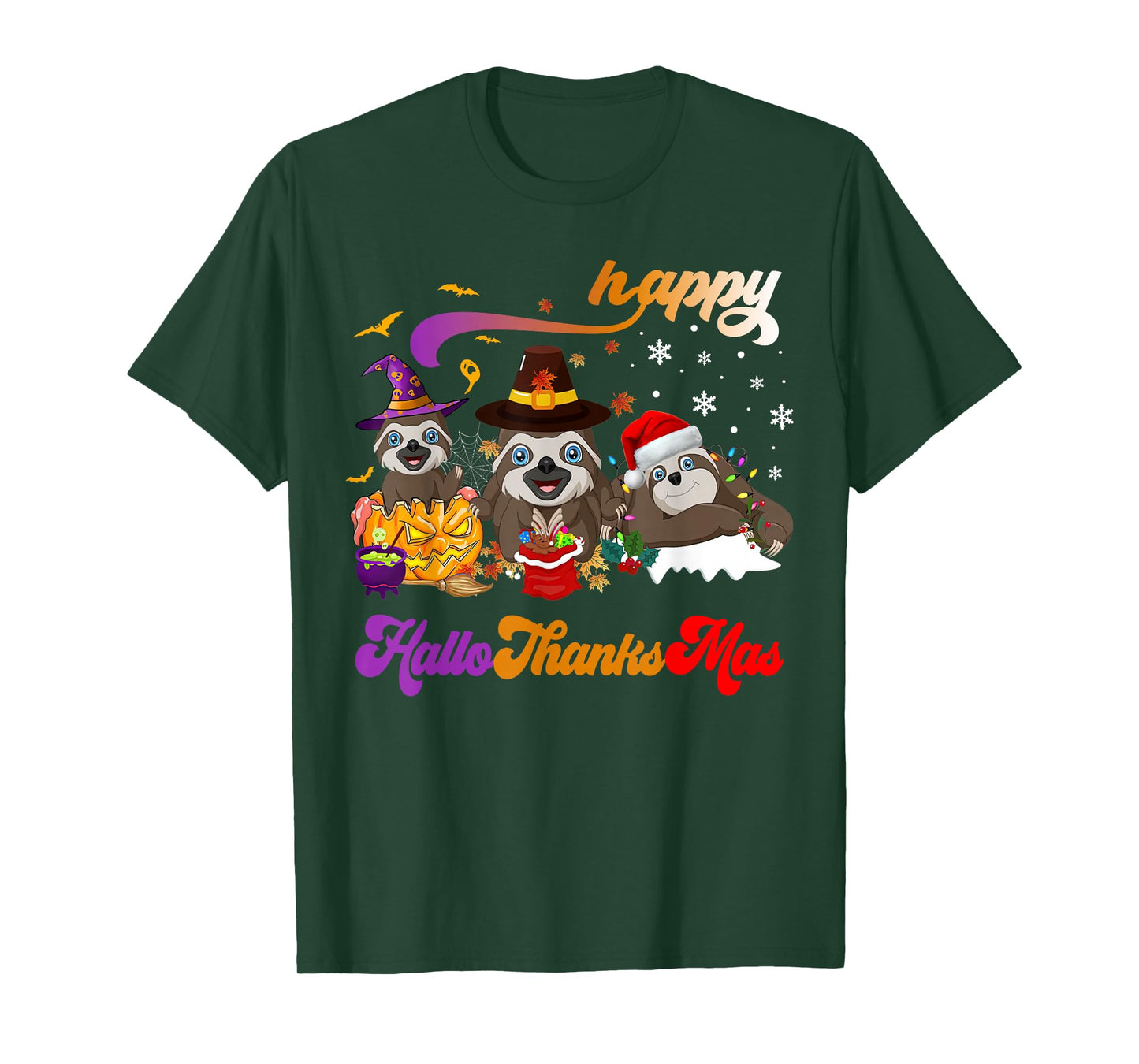 Sloths Halloween Thanksgiving Christmas Happy Hallothanksmas T-Shirt