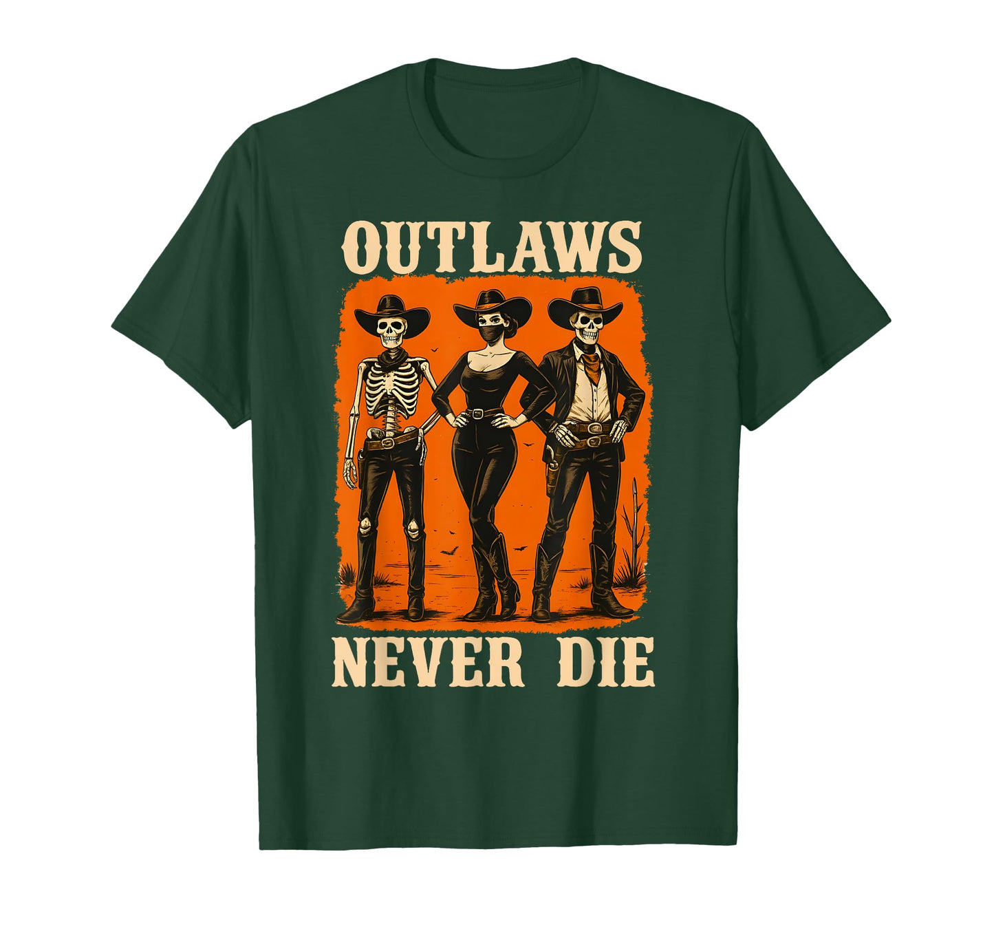Outlaws Never Die Gothic Western Skeleton Halloween Cowboy T-Shirt