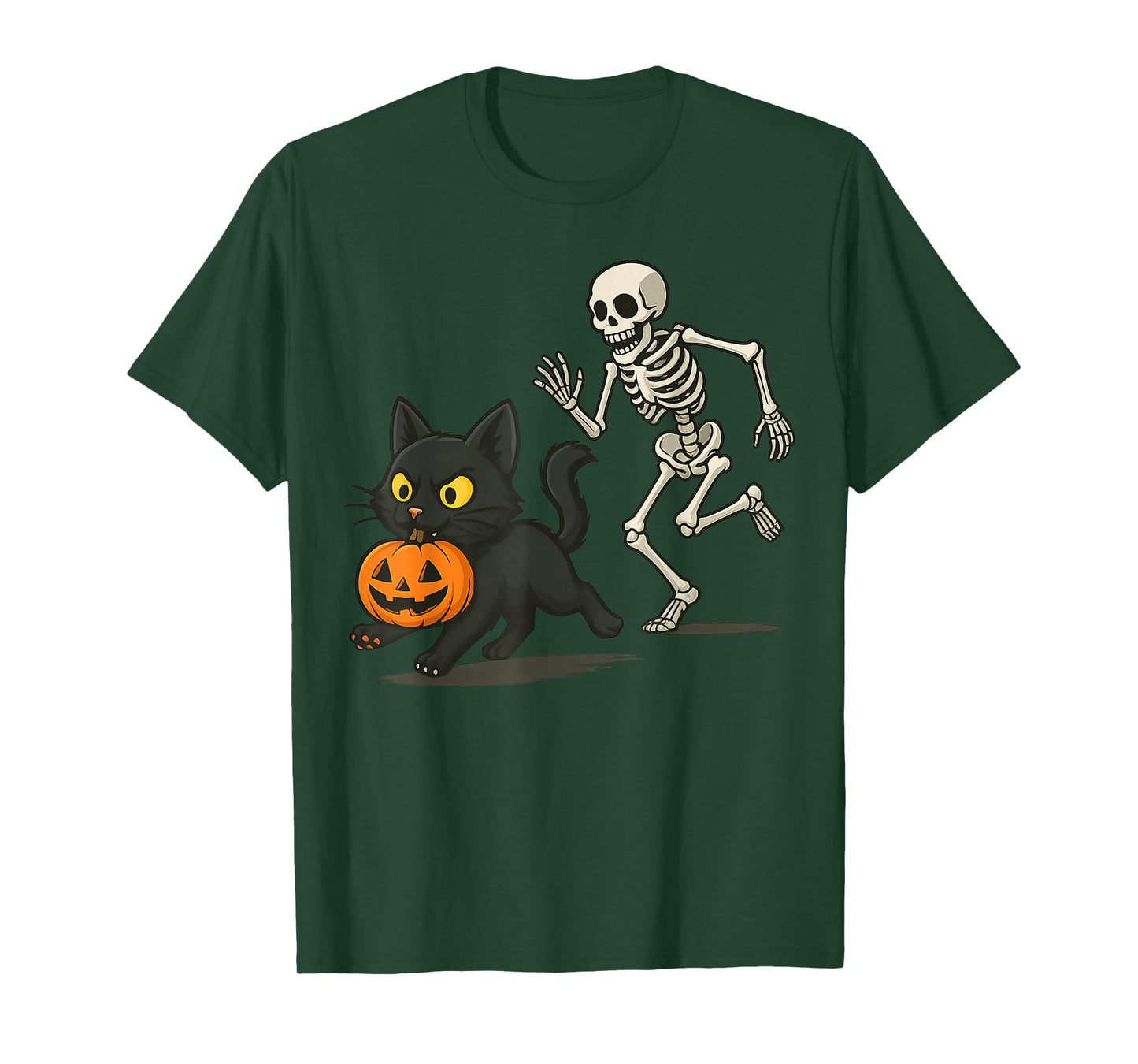 Funny Black Cat with Pumpkin and Skeleton Chase Design T-Shirt