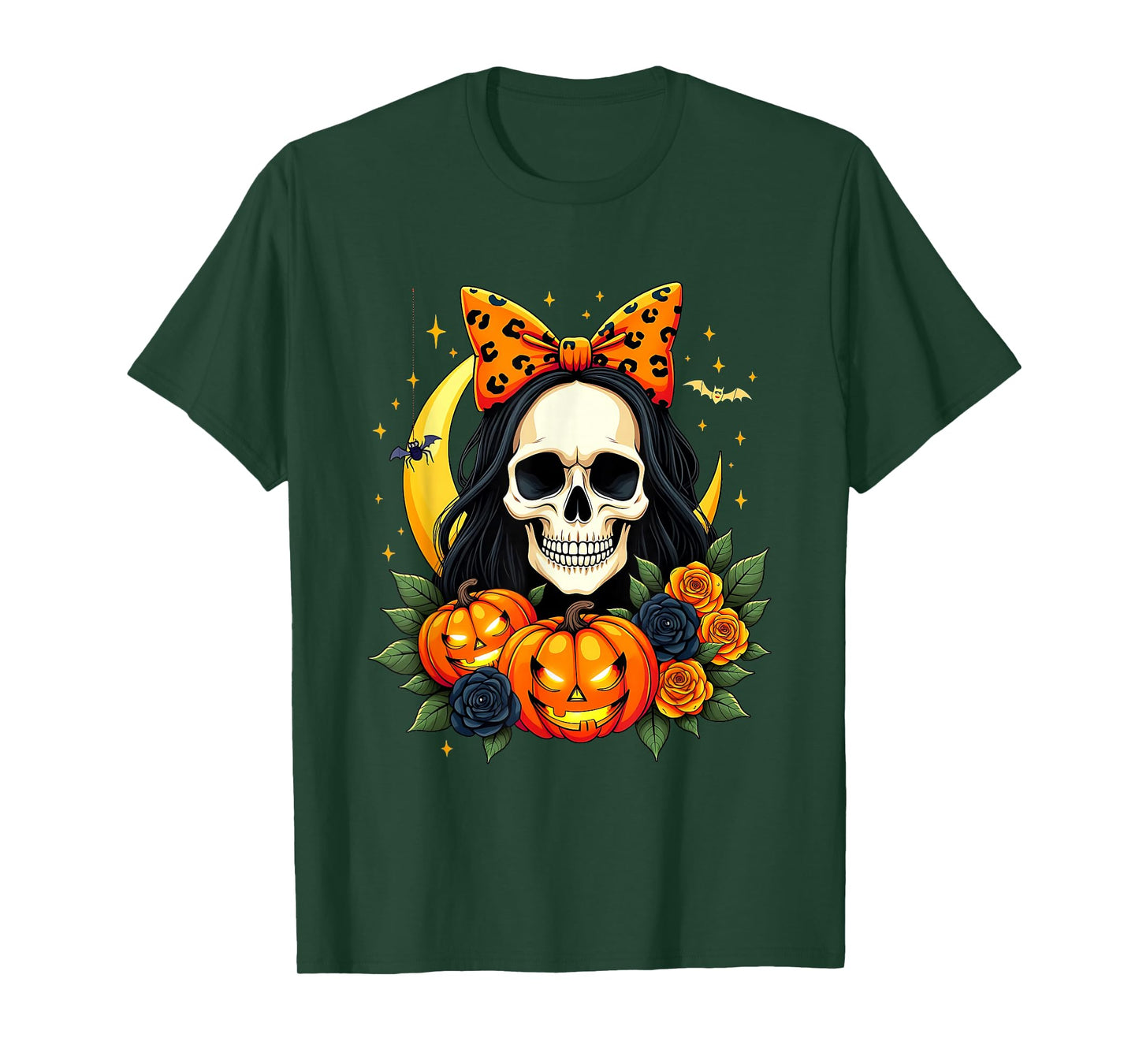 Skeleton Women Messy Bun Fall Autumn Skull Bow Halloween T-Shirt