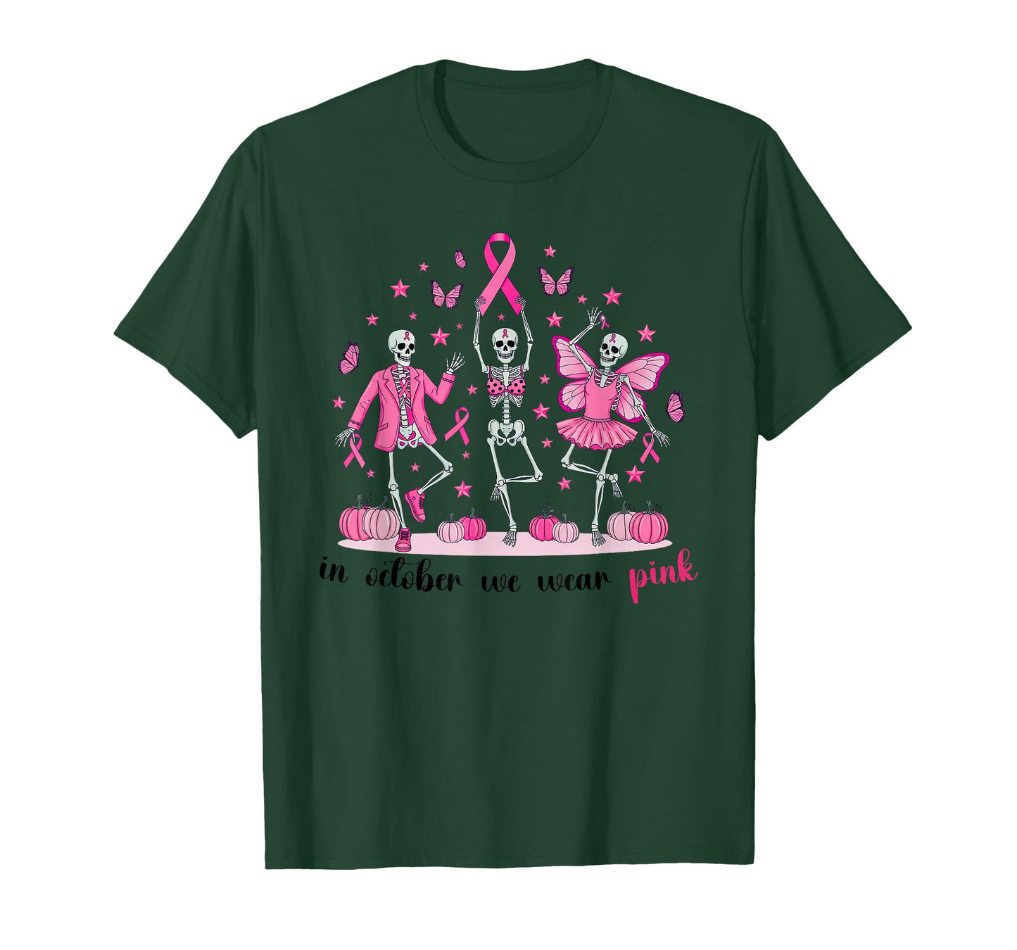 in October We Wear Pink Skeleton Breast Cancer Awareness T-Shirt
