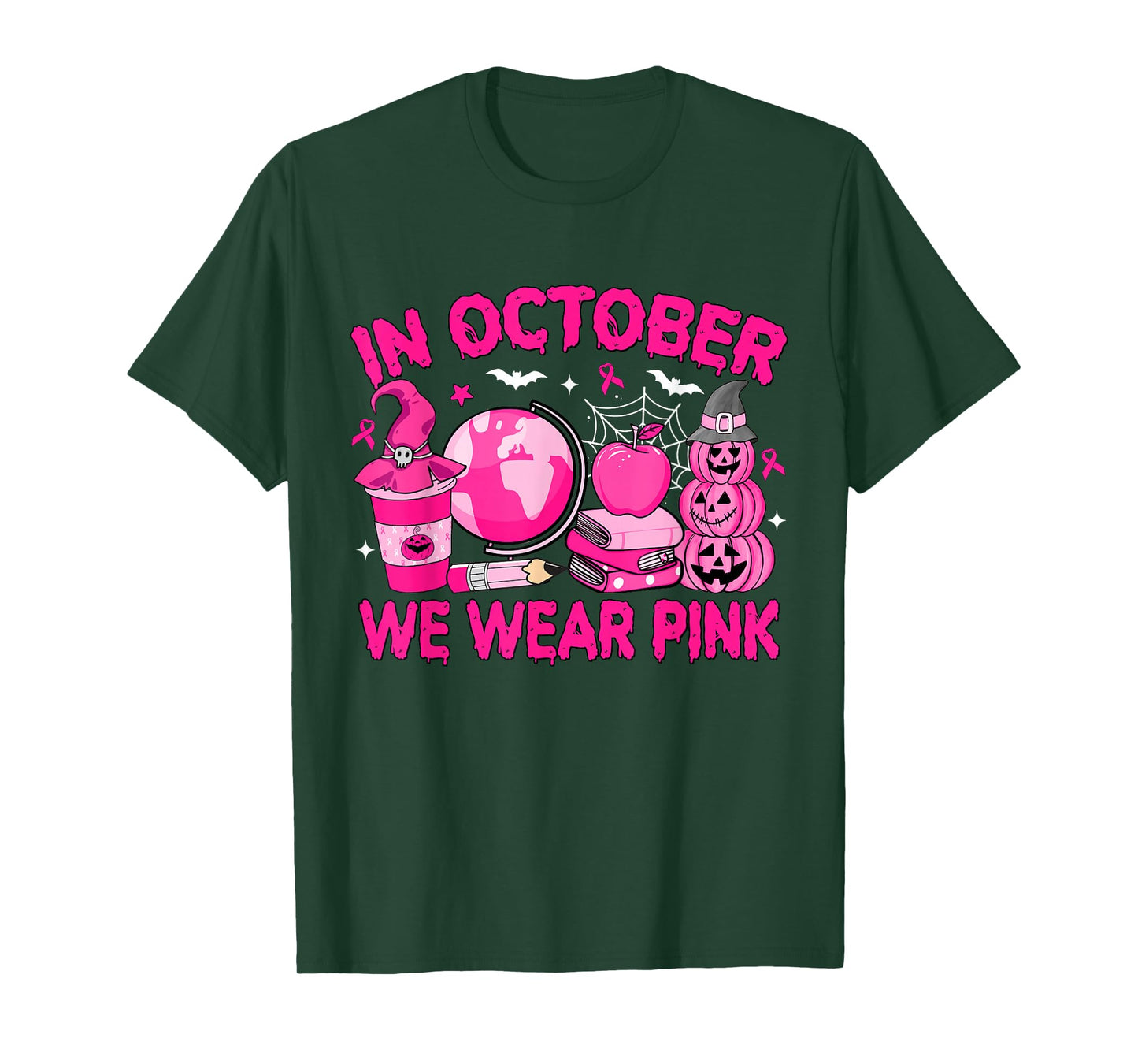 in October We Wear Pink Breast Cancer Awareness Teacher T-Shirt