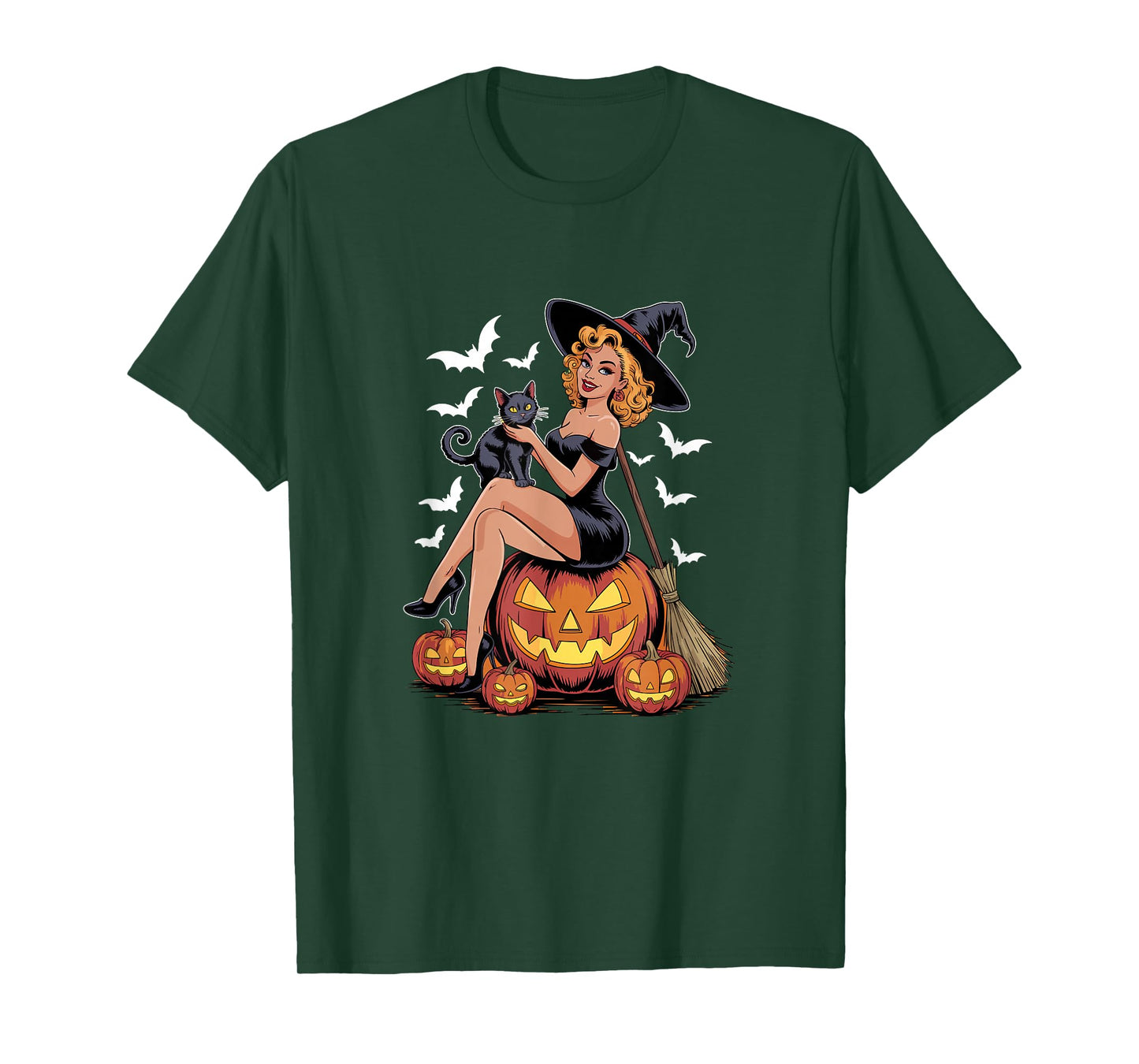 Witch On Horror Carved Pumpkins with Cat Halloween Women T-Shirt