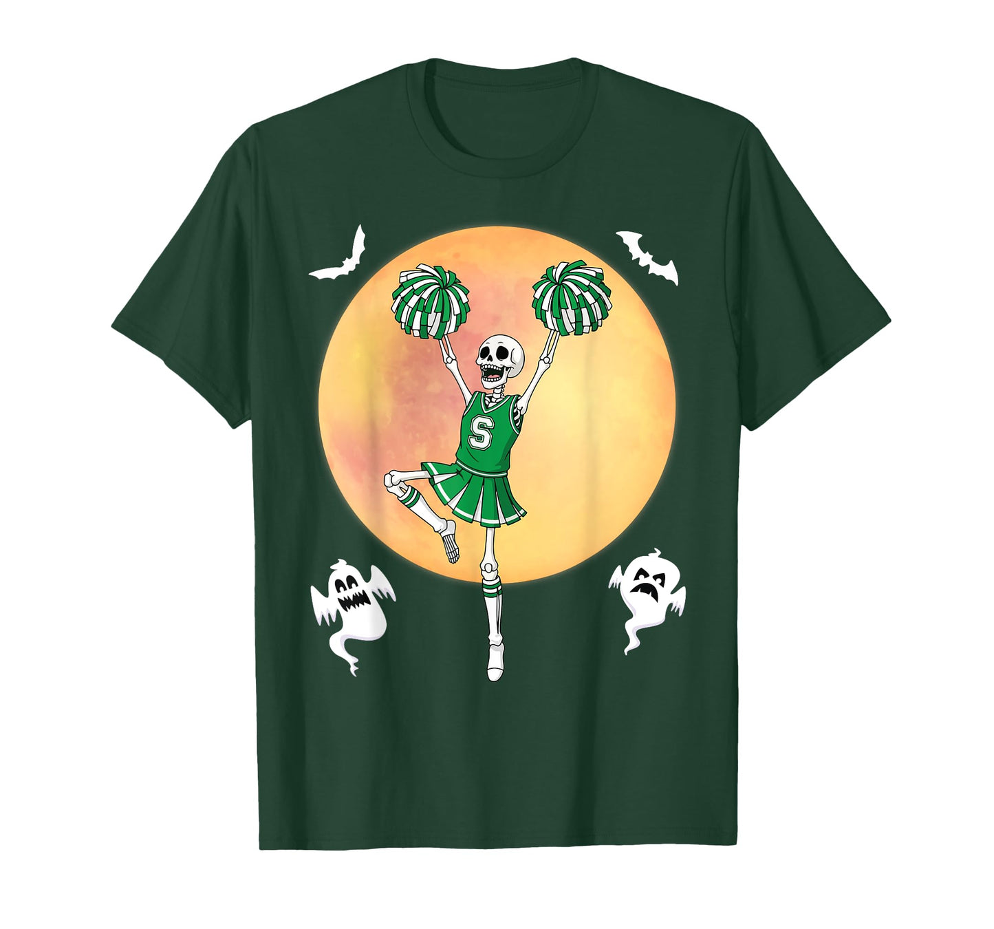 Skeleton Cheerleading Halloween Full Moon Spooky Cheerleader T-Shirt