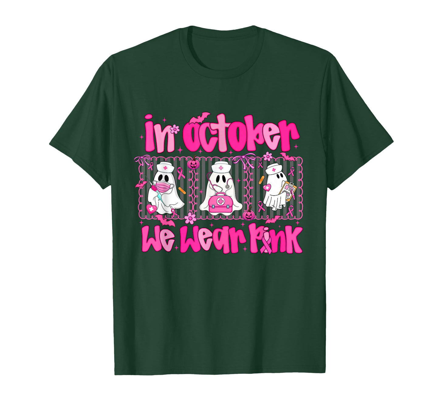 In October We Wear Pink Nurse Ghost Halloween Breast Cancer T-Shirt