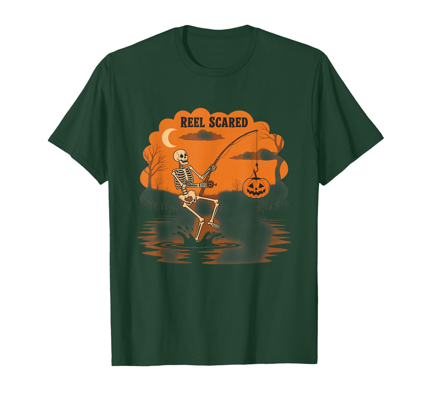 Reel Scared Skeleton Fishing Halloween Pumpkin Night T-Shirt