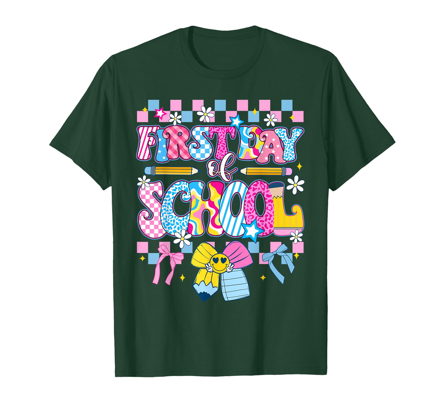 First Day Of School Checkered Leopard Bow Back To School Kid T-Shirt
