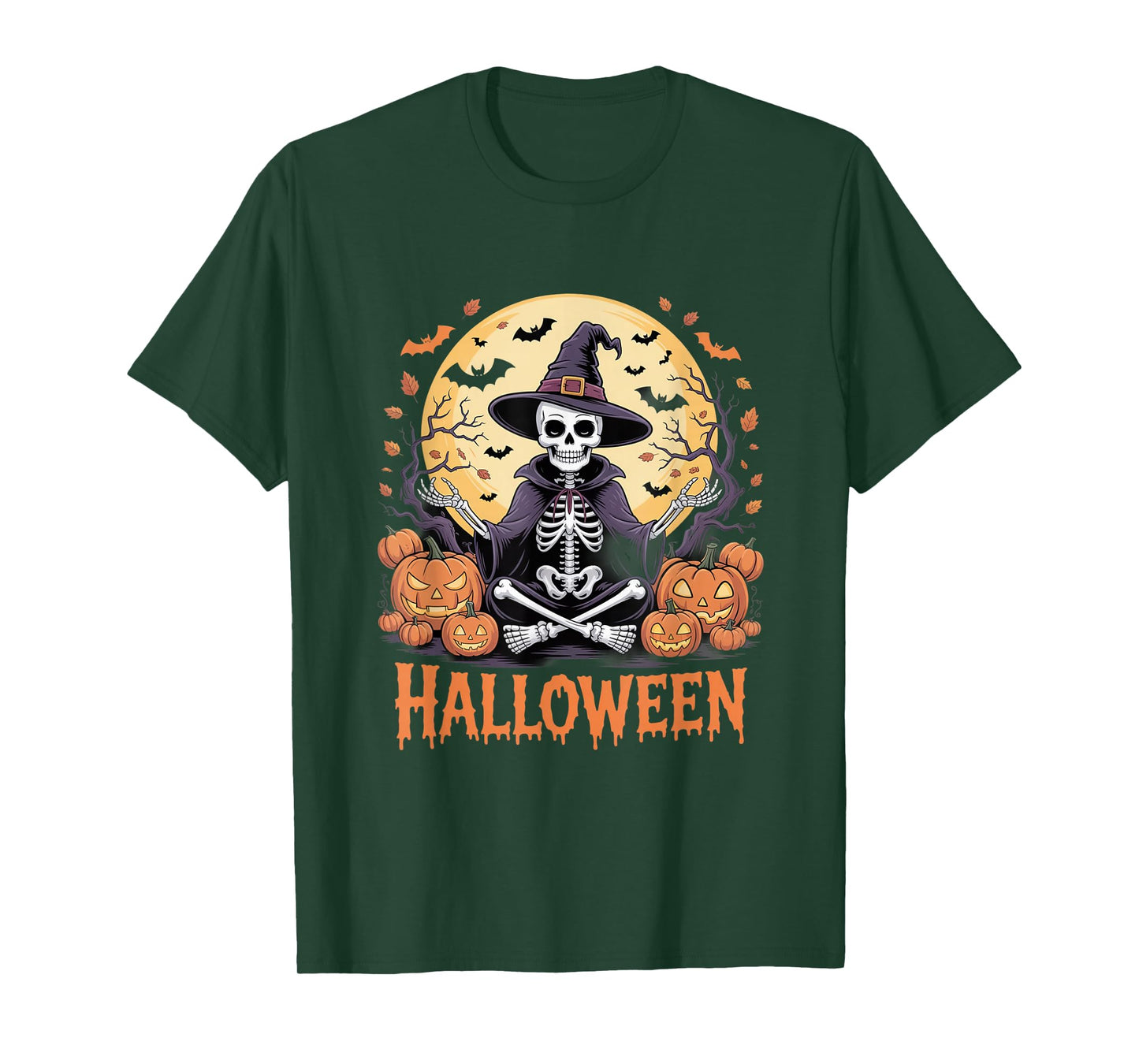 Skeleton with Pumpkins and Bats Halloween Design T-Shirt