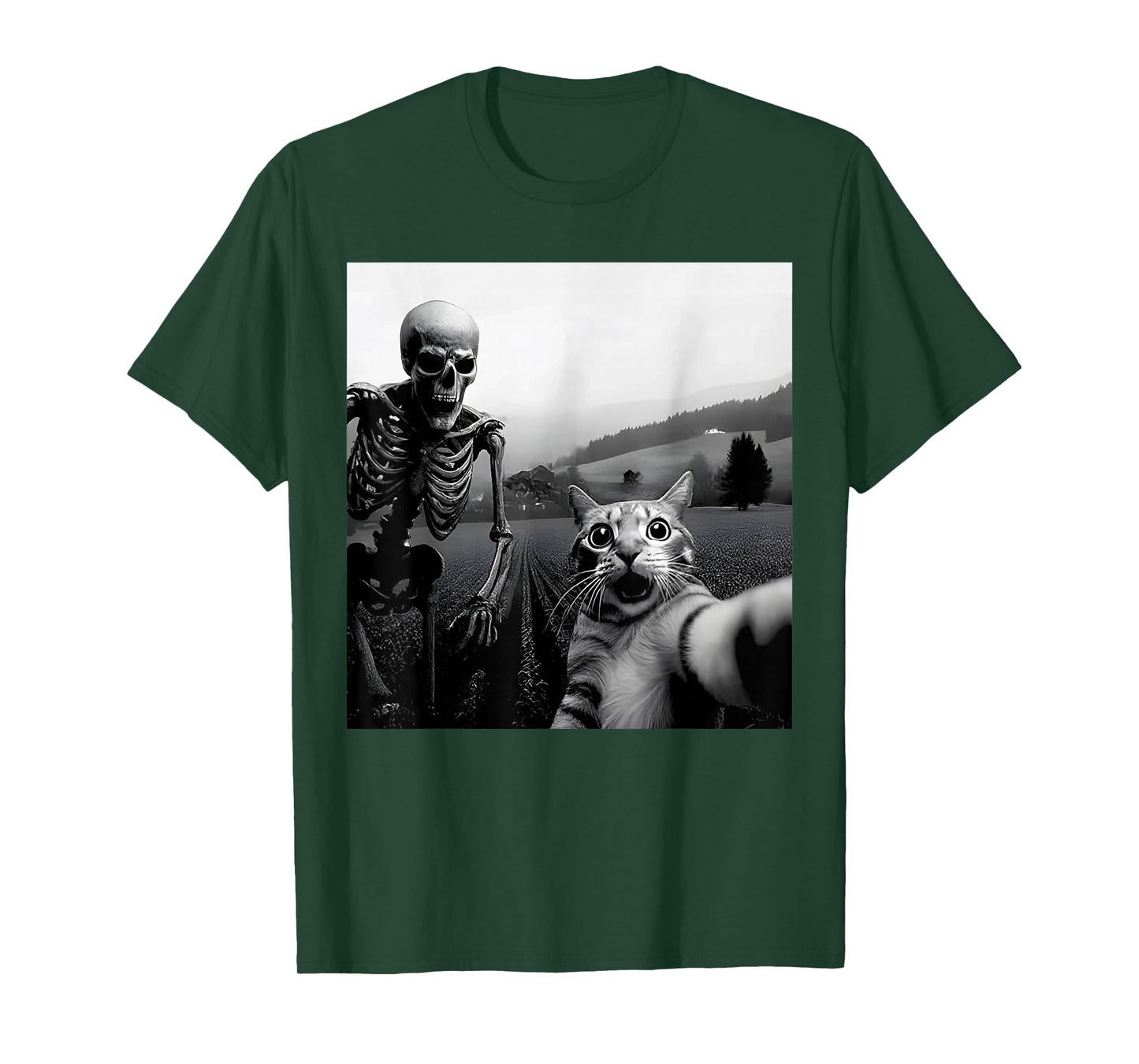 Cat Selfie with Skeleton Funny Halloween Costume Men Womens T-Shirt