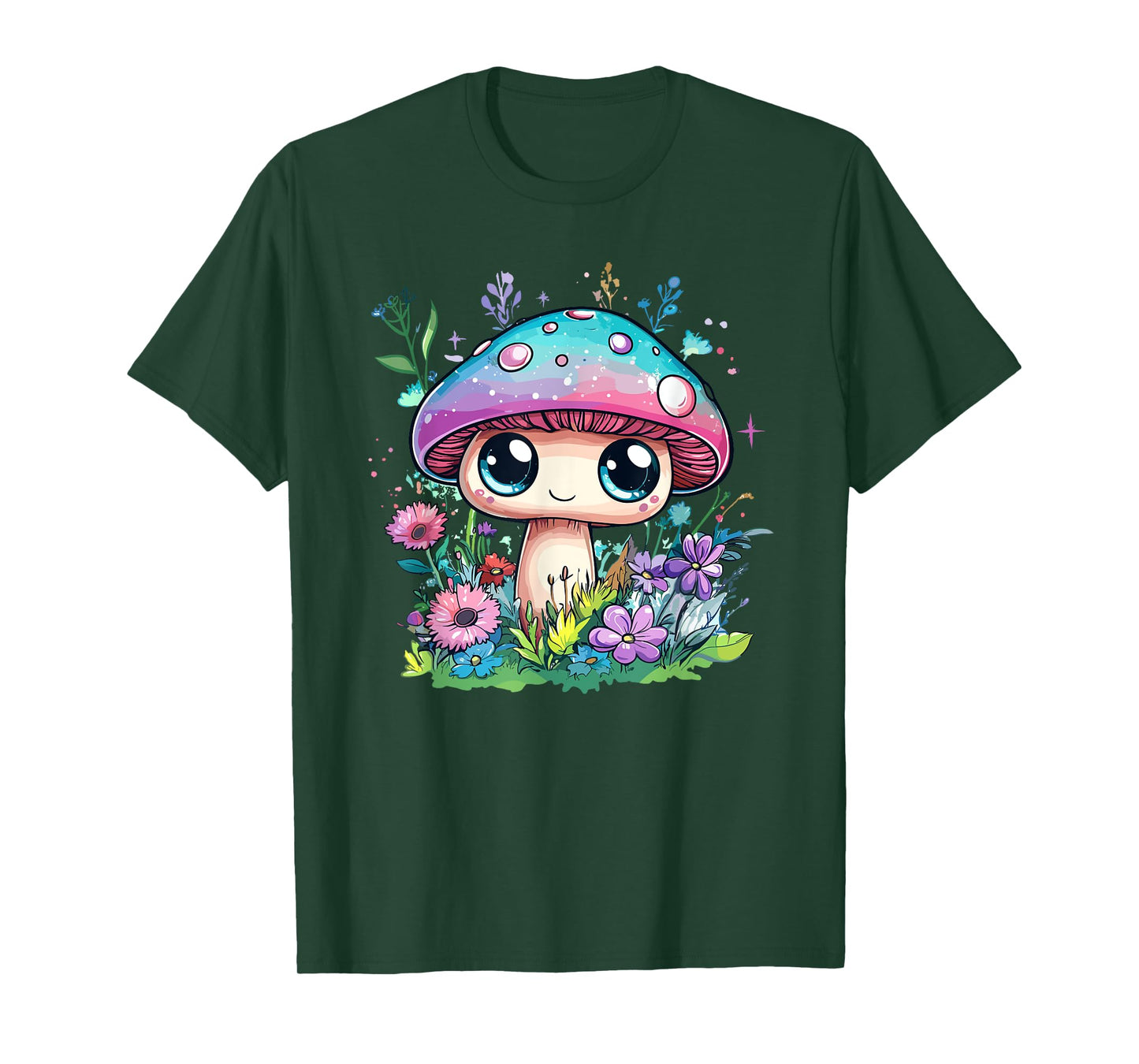 Cute Kawaii Mushroom With Flowers Magic Eyes T-Shirt
