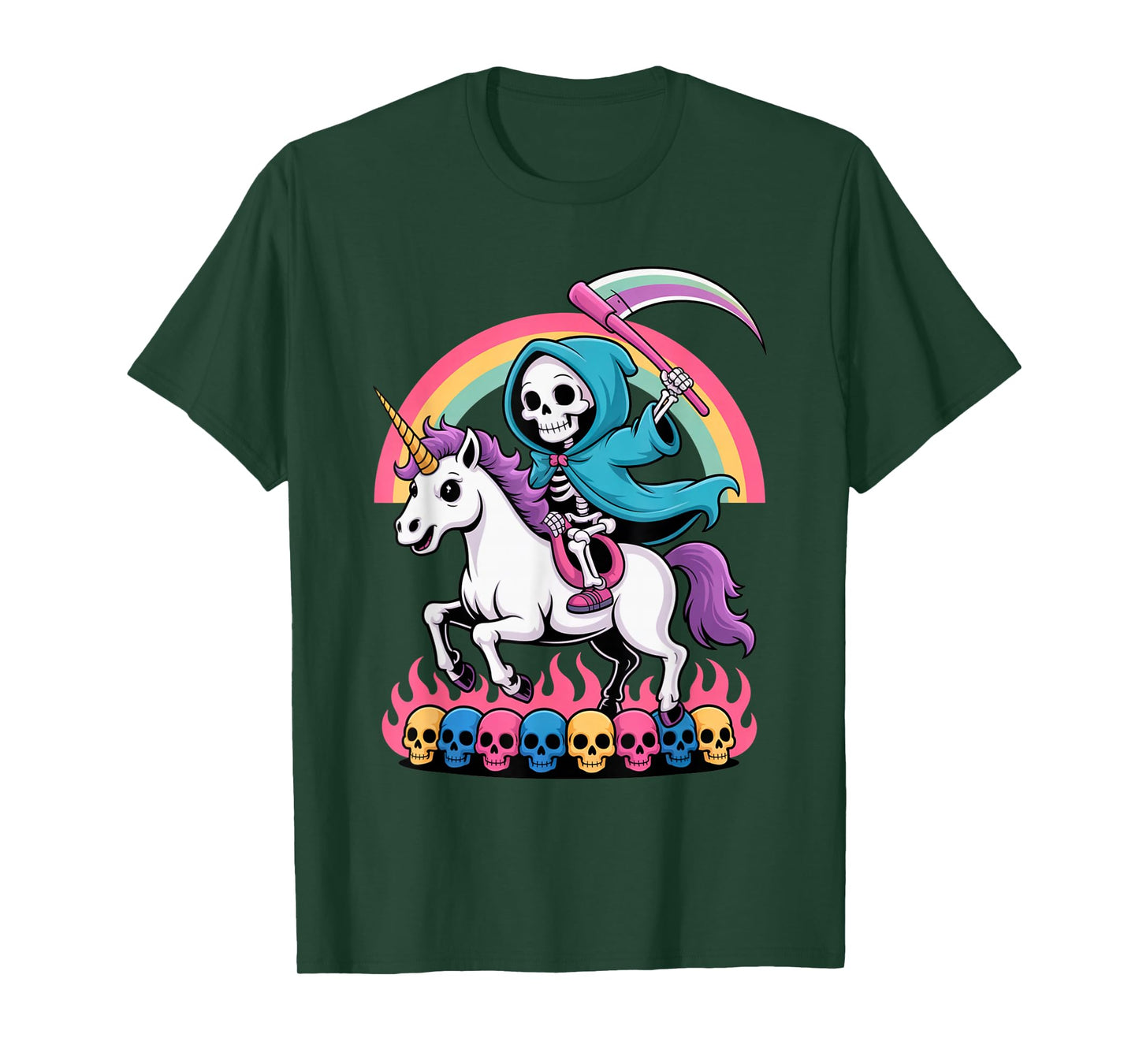 Skeleton Riding Unicorn Rainbow Fantasy Spooky Outfit T-Shirt