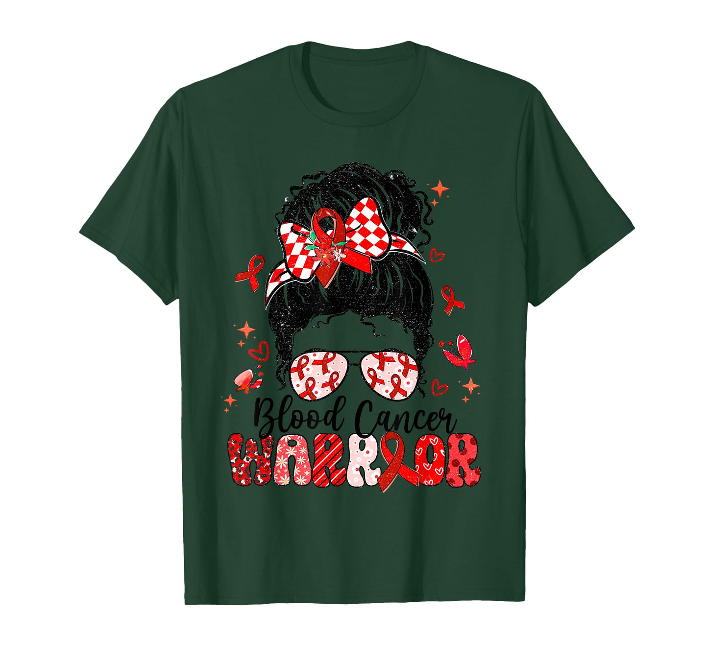 Warrior Messy Bun Red Ribbon Blood Cancer Awareness T-Shirt