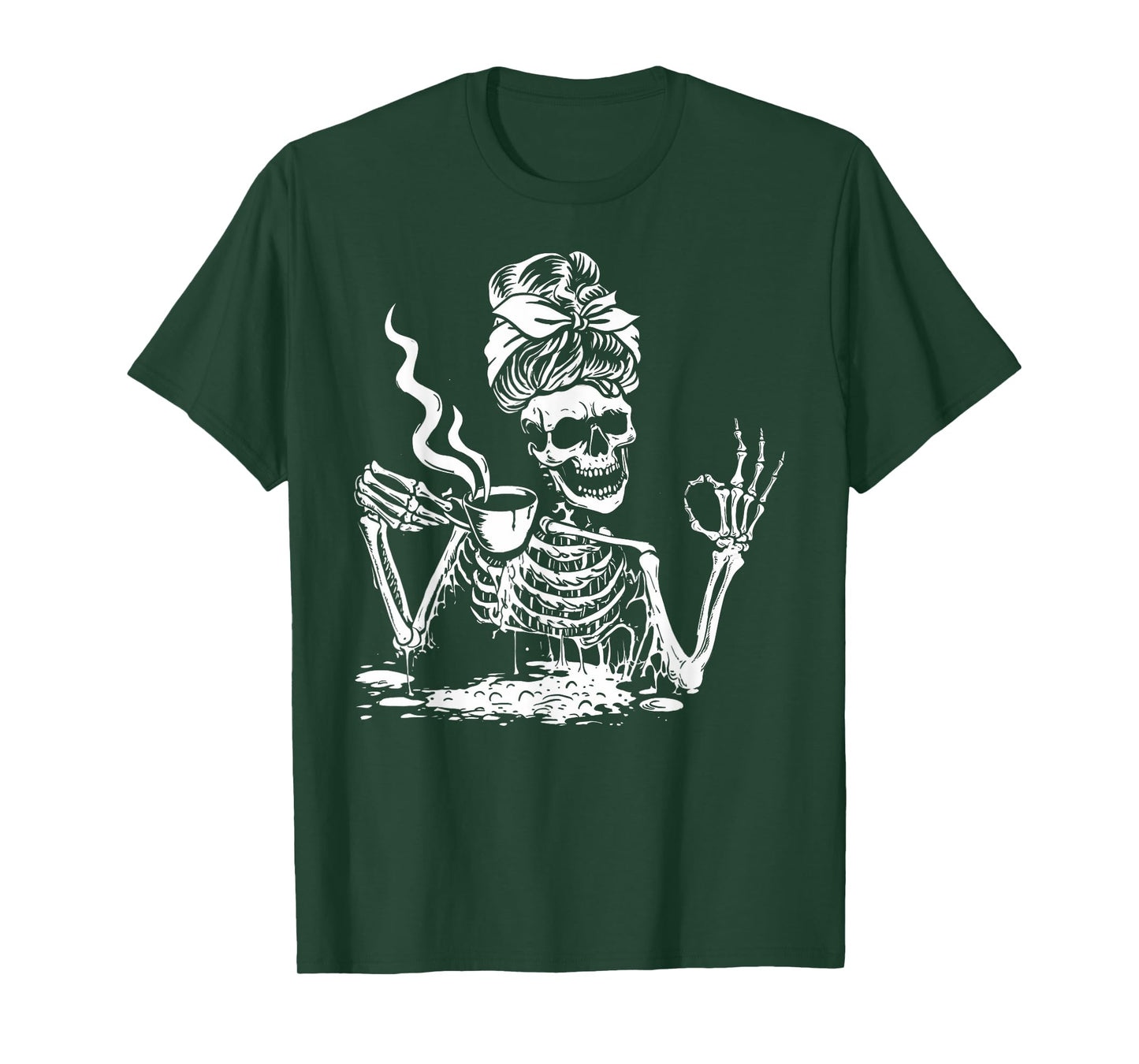 Skeleton Drinking Coffee Messy Bun Women Halloween Skeleton T-Shirt