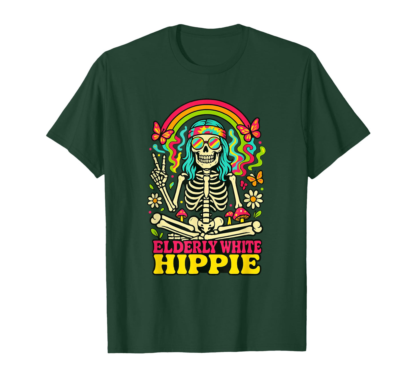 Elderly White Hippie Skeleton Rainbow Peace Sign Retro T-Shirt