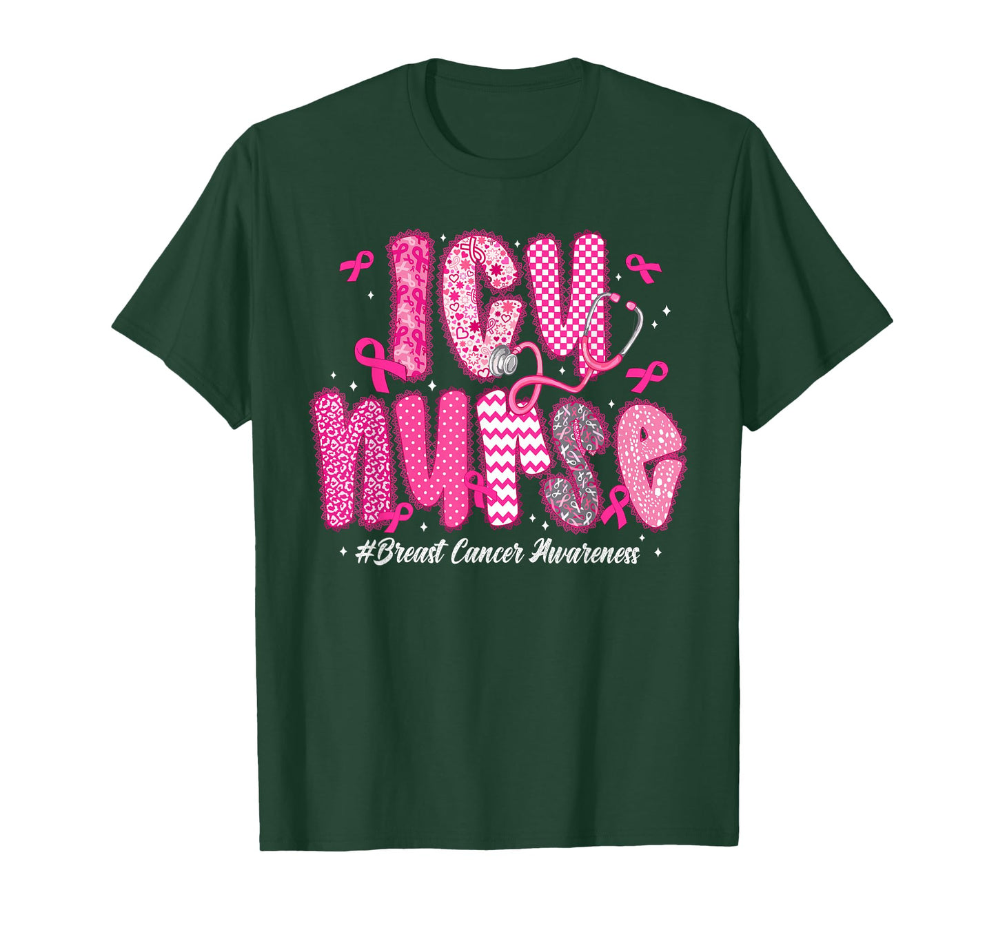 in October We Wear Pink ICU Nurse Breast Cancer Awareness T-Shirt